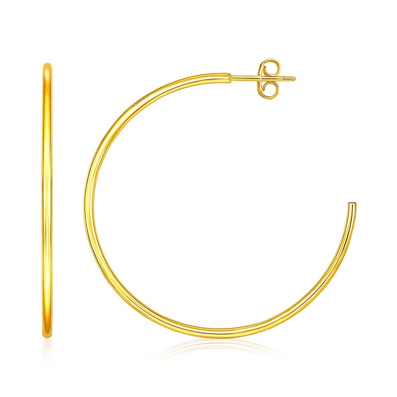 14k yellow gold polished hoop earrings with a sleek modern design, perfect for elegant everyday wear.