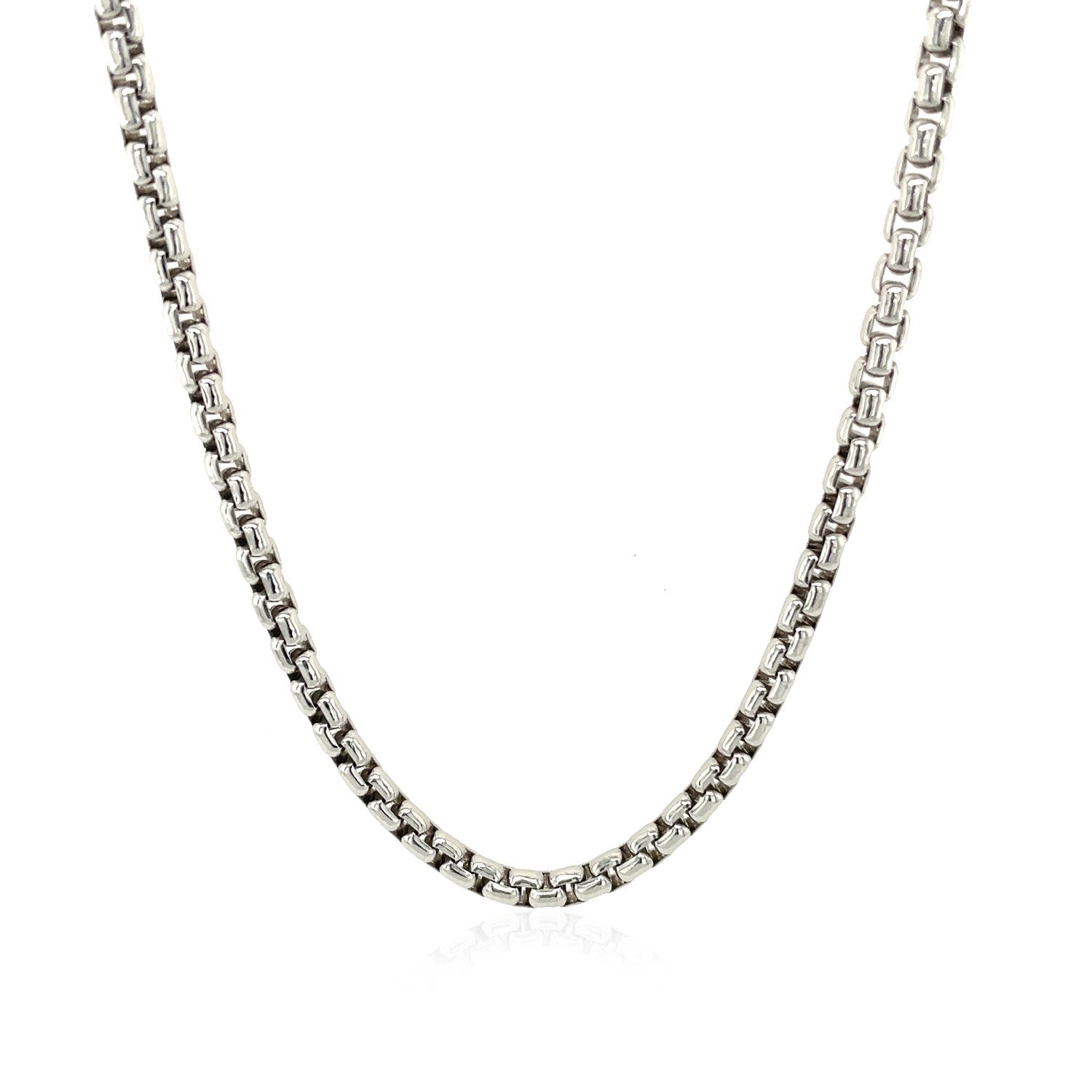 Sterling silver rhodium plated round box chain, 3.00 mm, showcasing elegant design and luxurious shine.