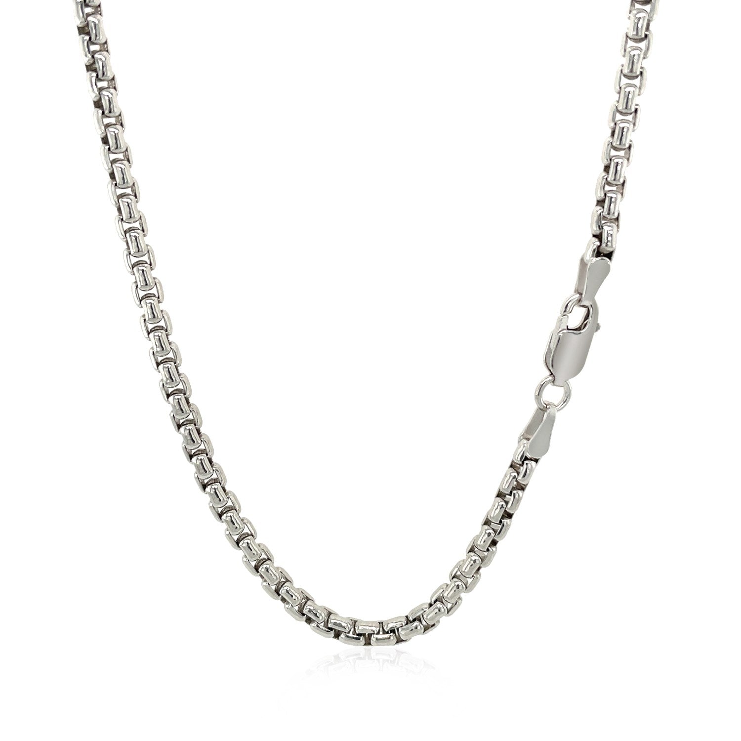 Sterling silver rhodium plated round box chain, 3.00 mm, showcasing elegant design and luxurious shine.