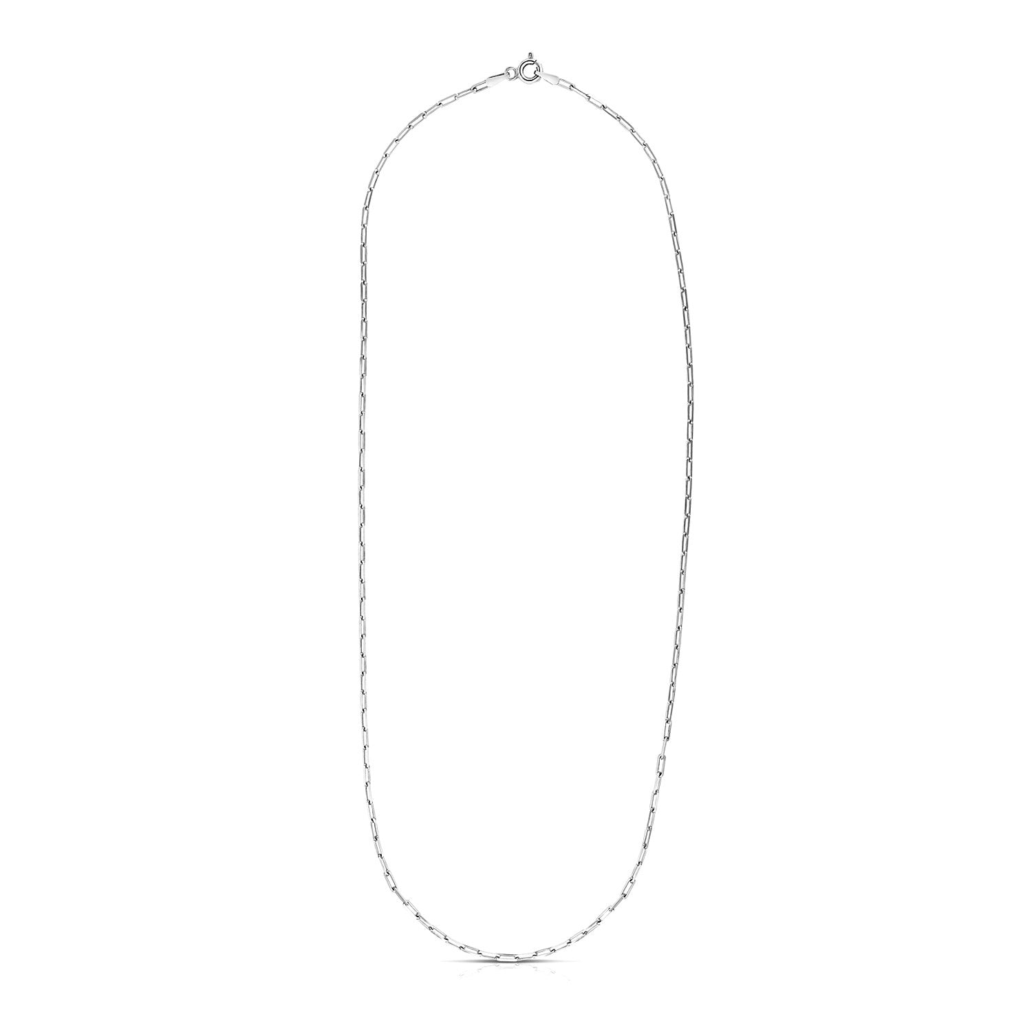 Sterling silver rhodium plated paperclip chain with modern links, showcasing elegance and contemporary design.