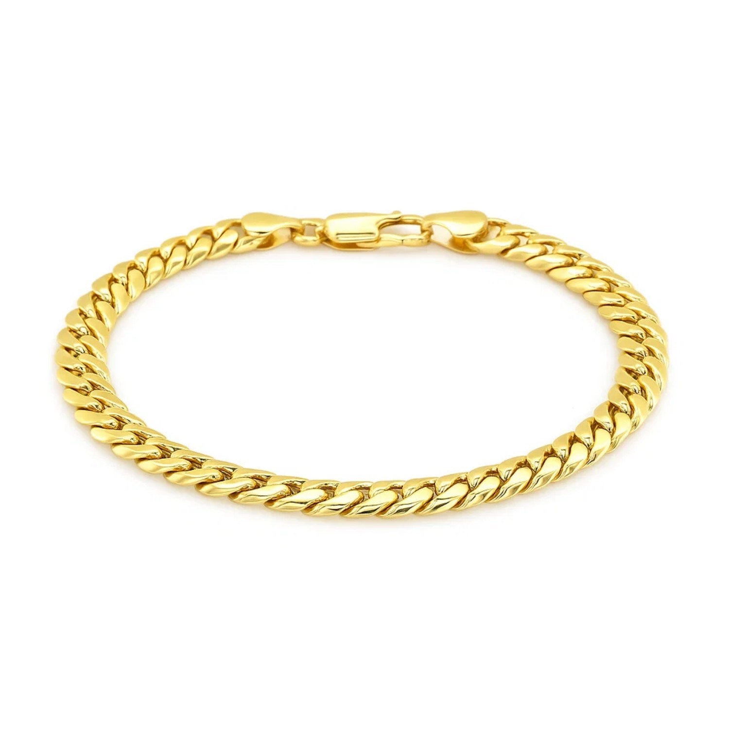14k yellow gold Miami Cuban bracelet, semi-solid design with round links, showcasing contemporary elegance and luxury.