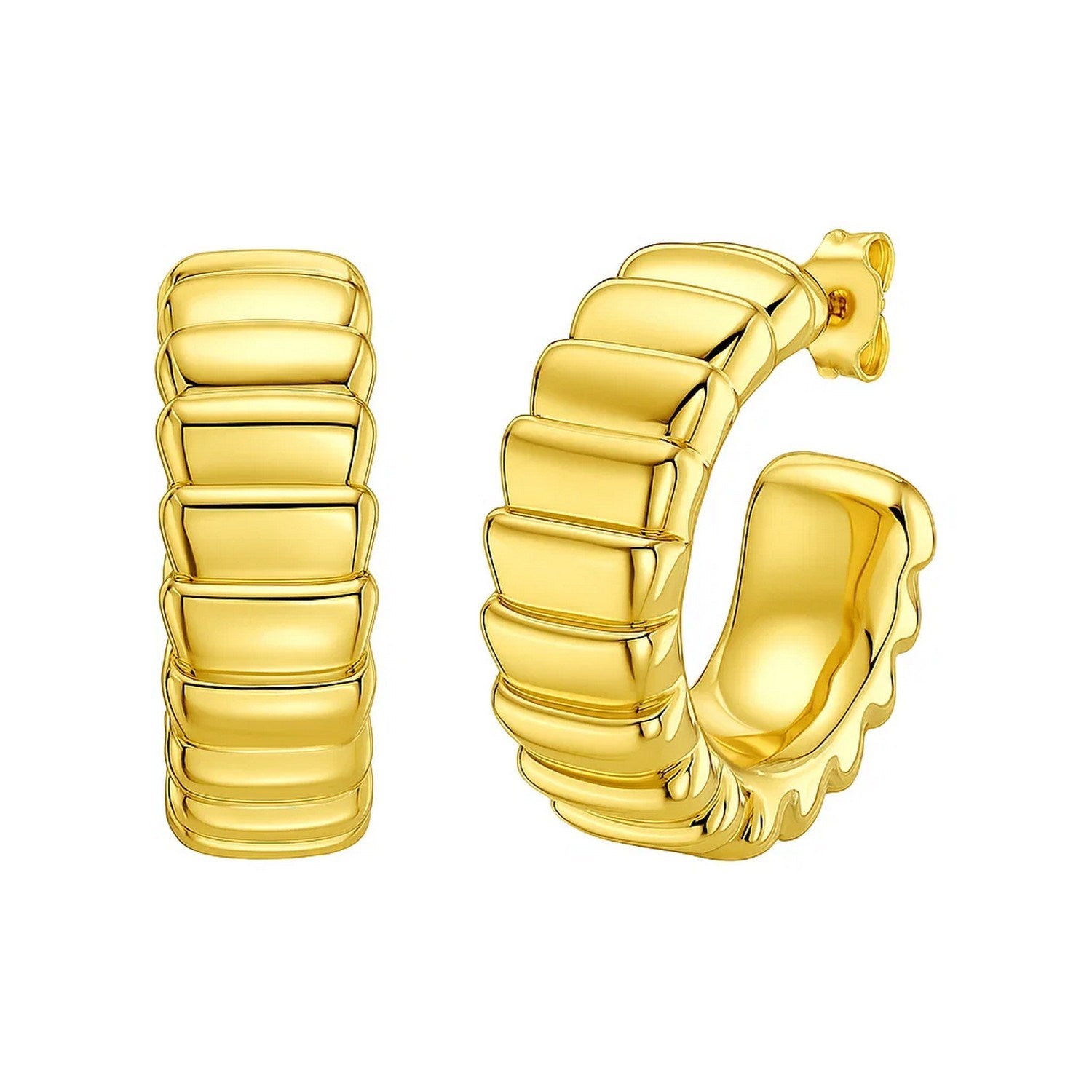 14k yellow gold ribbed C hoop earrings with a modern design, perfect for elevating any luxury jewelry collection.