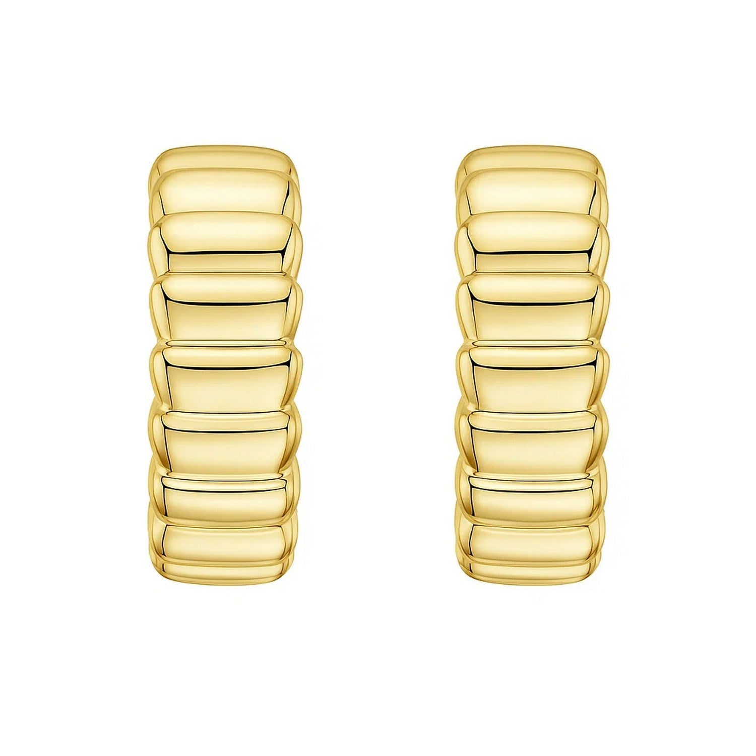 14k yellow gold ribbed C hoop earrings showcasing modern elegance and luxurious craftsmanship.
