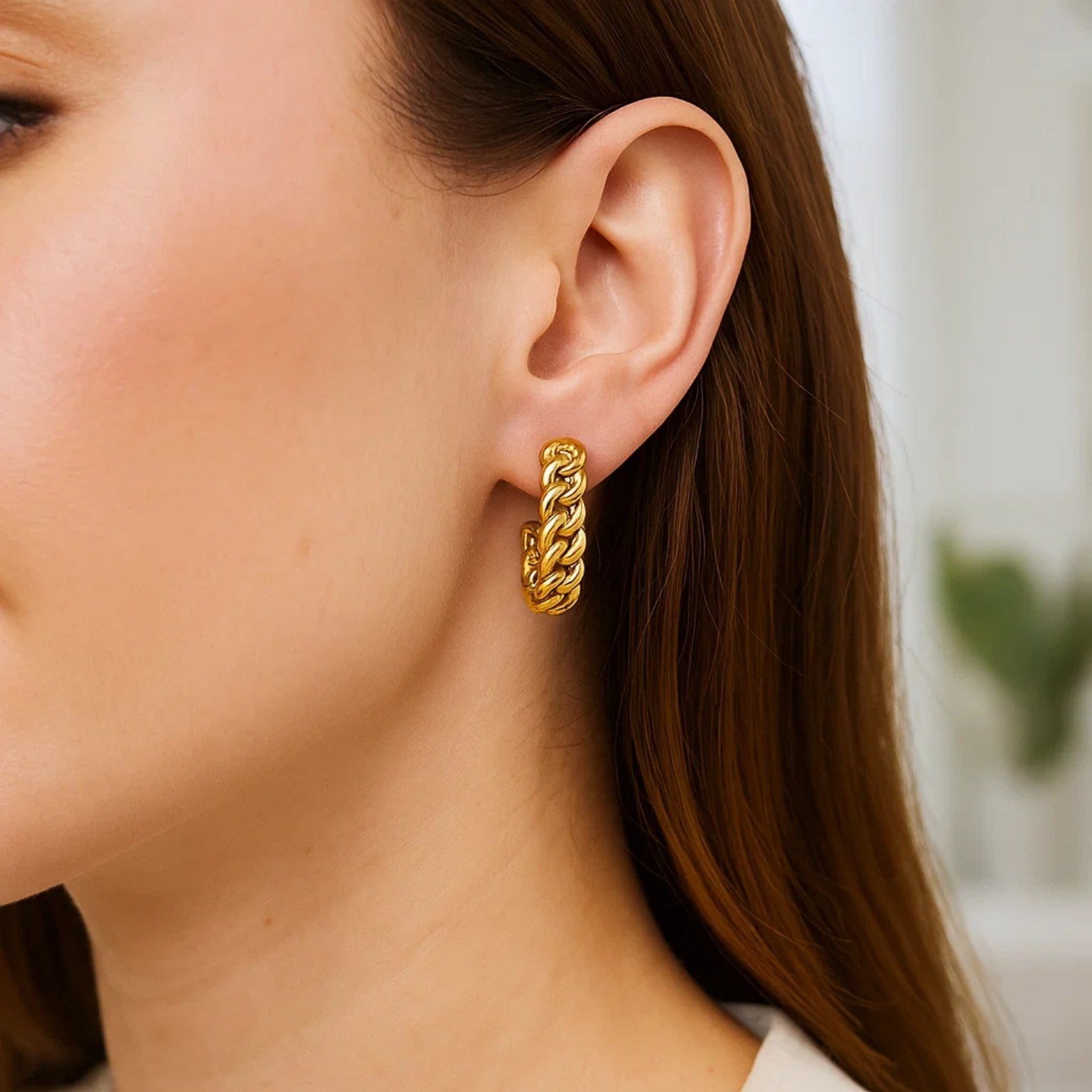 14k yellow gold slender curb chain hoop earrings with a classic design, perfect for elegant everyday wear.