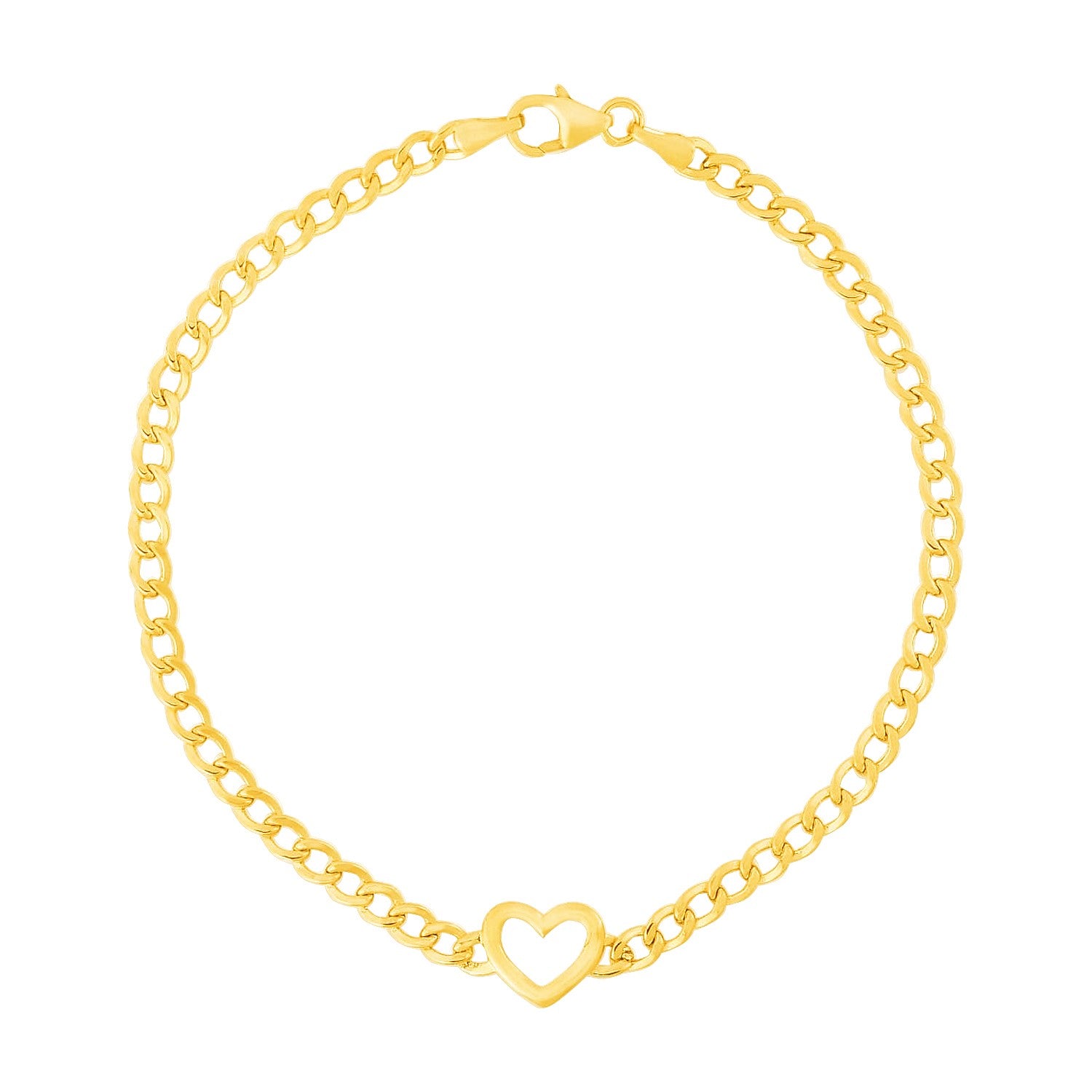14k yellow gold curb chain bracelet with heart detail, modern design, 3.40 mm width, 7 inches long.