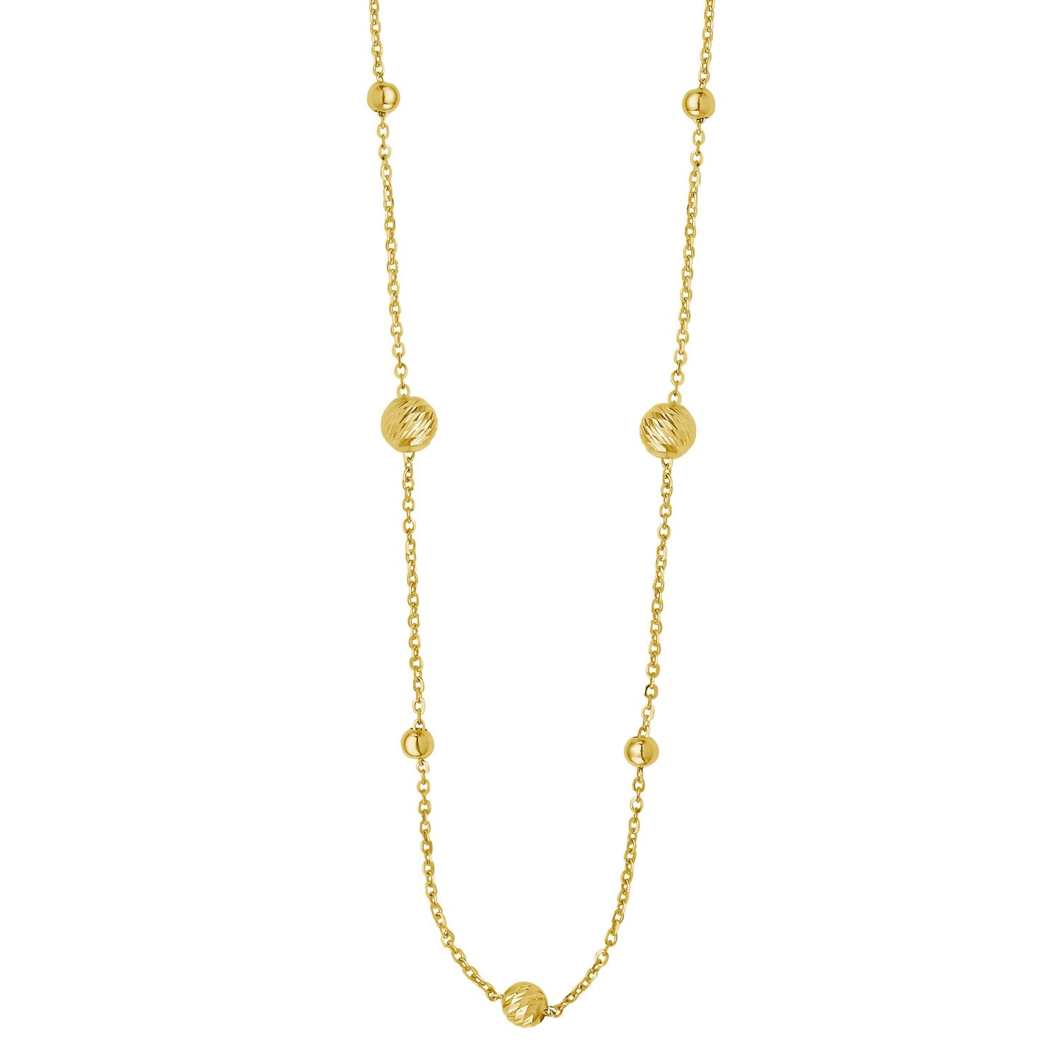 Elegant 14K yellow gold alternating bead chain necklace adorned with sparkling diamonds for a luxurious touch.