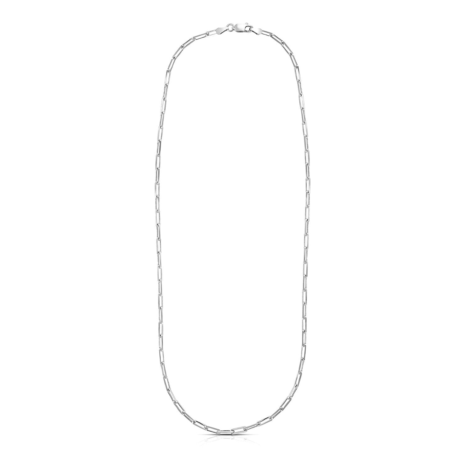 Sterling silver rhodium plated paperclip chain with modern link design, perfect for layering or standalone elegance.