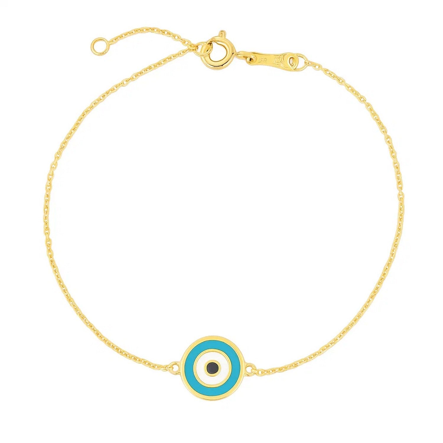 14k yellow gold blue evil eye bracelet featuring a modern chain design and cushion cut detail.
