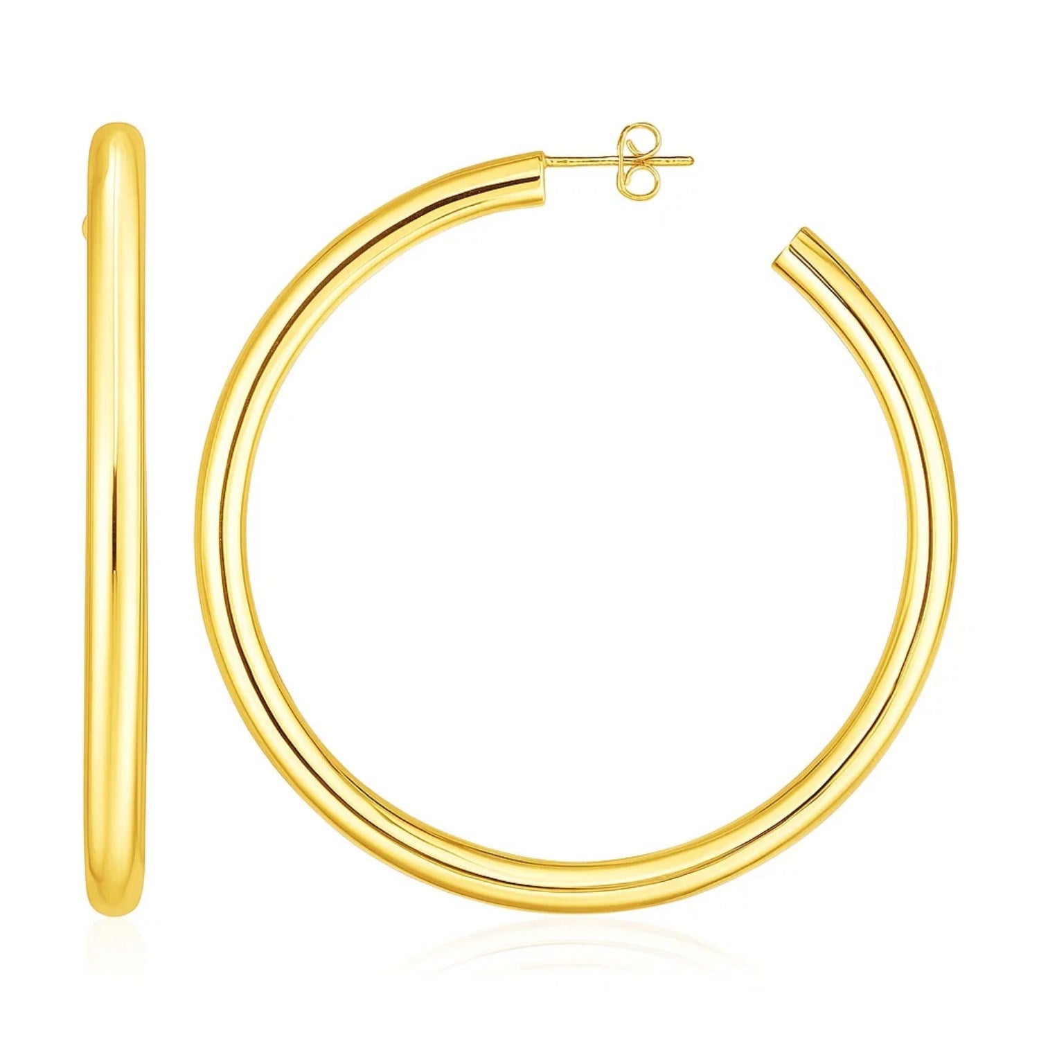 14k yellow gold polished hoop earrings with a sleek, modern design, perfect for elegant everyday wear.