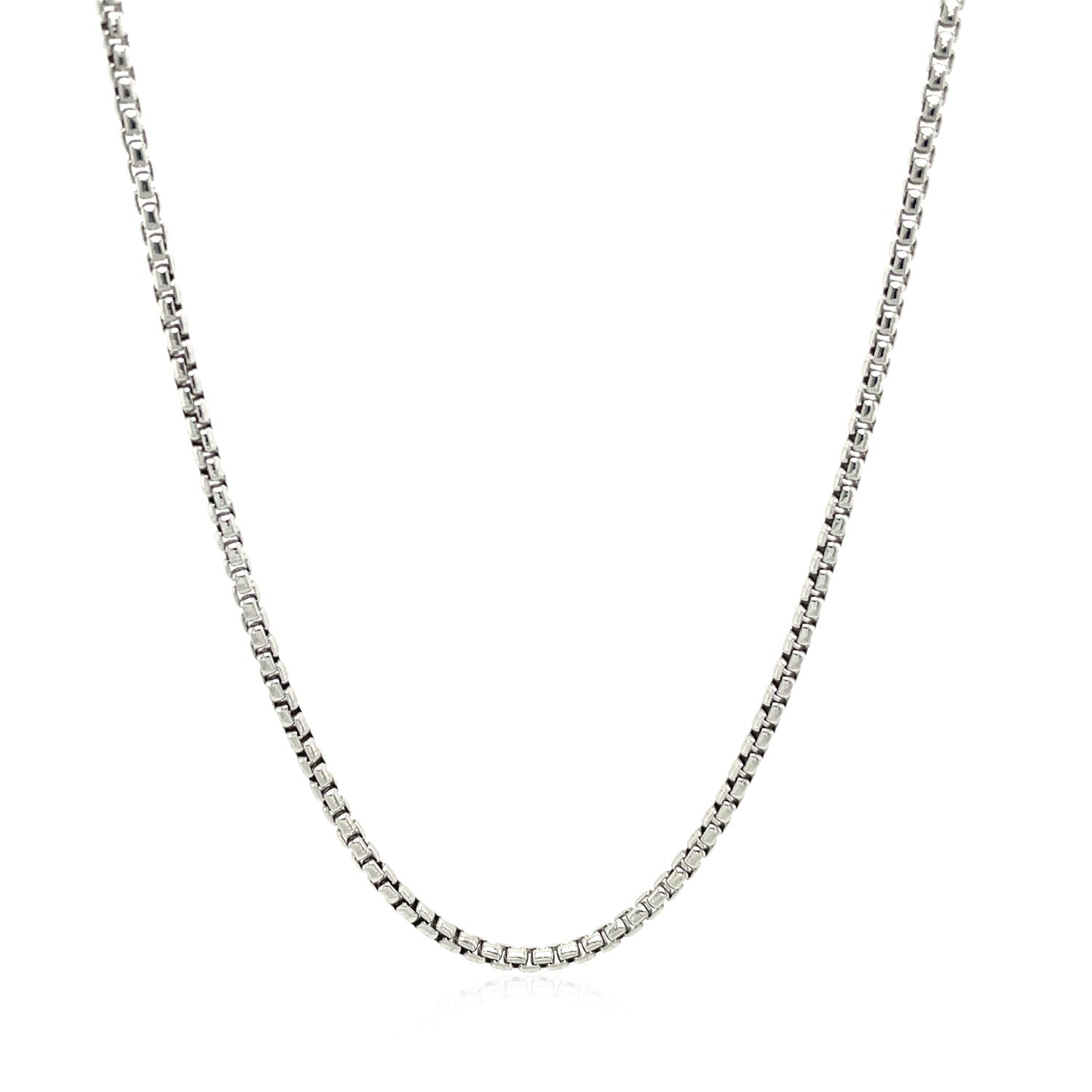 Sterling silver rhodium plated round box chain, modern design, 1.80 mm width, perfect for layering or standalone elegance.