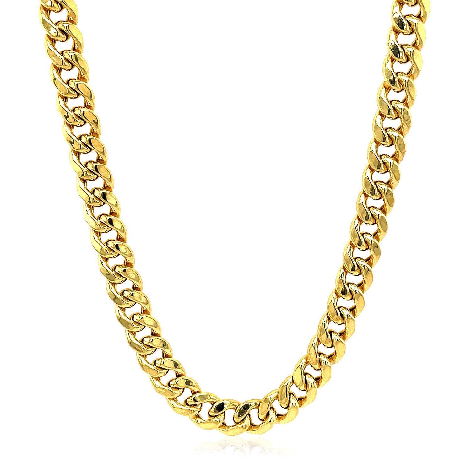 14k yellow gold semi-solid Miami Cuban chain, 5.00 mm links, classic design, perfect for layering or standalone elegance.