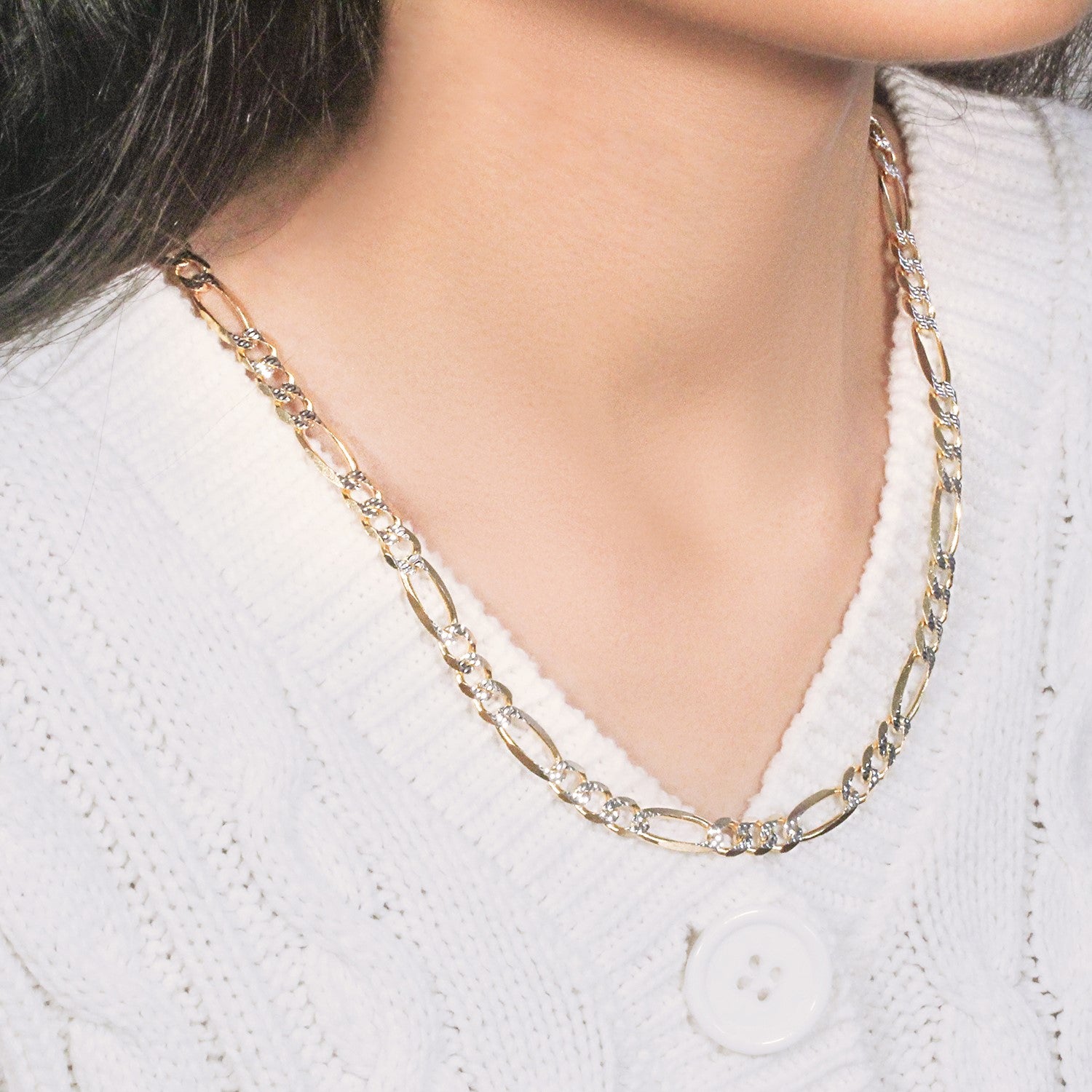 14k yellow gold solid pave Figaro chain with elegant links, showcasing contemporary luxury and exquisite craftsmanship.