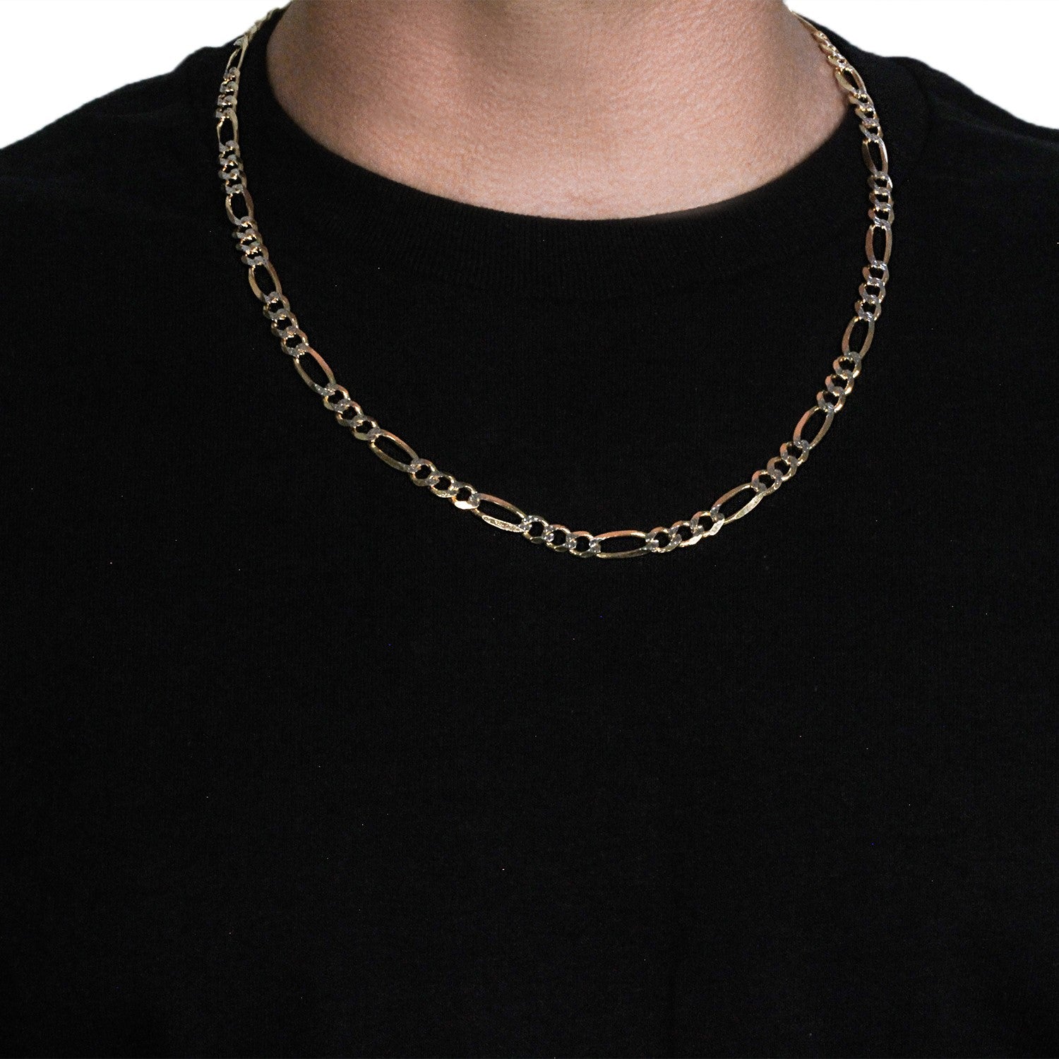 14k yellow gold solid pave Figaro chain, 7.00 mm links, contemporary design for a luxurious statement.