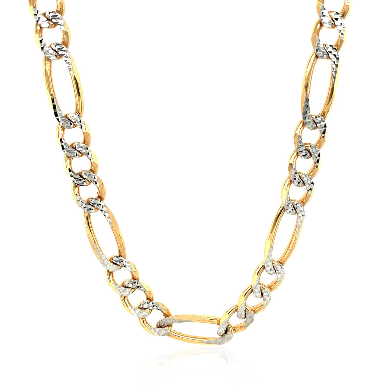 14k yellow gold solid pave Figaro chain, 7.00 mm links, contemporary design for a luxurious statement.
