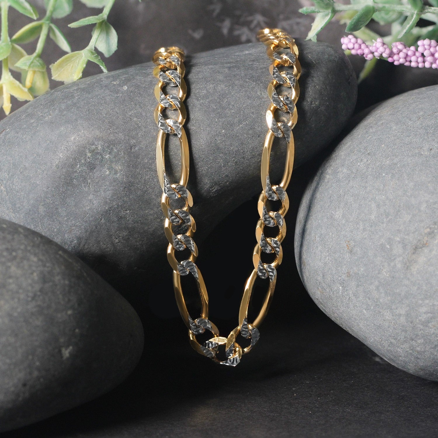 14k yellow gold solid pave Figaro chain, 7.00 mm links, showcasing contemporary elegance and luxurious craftsmanship.