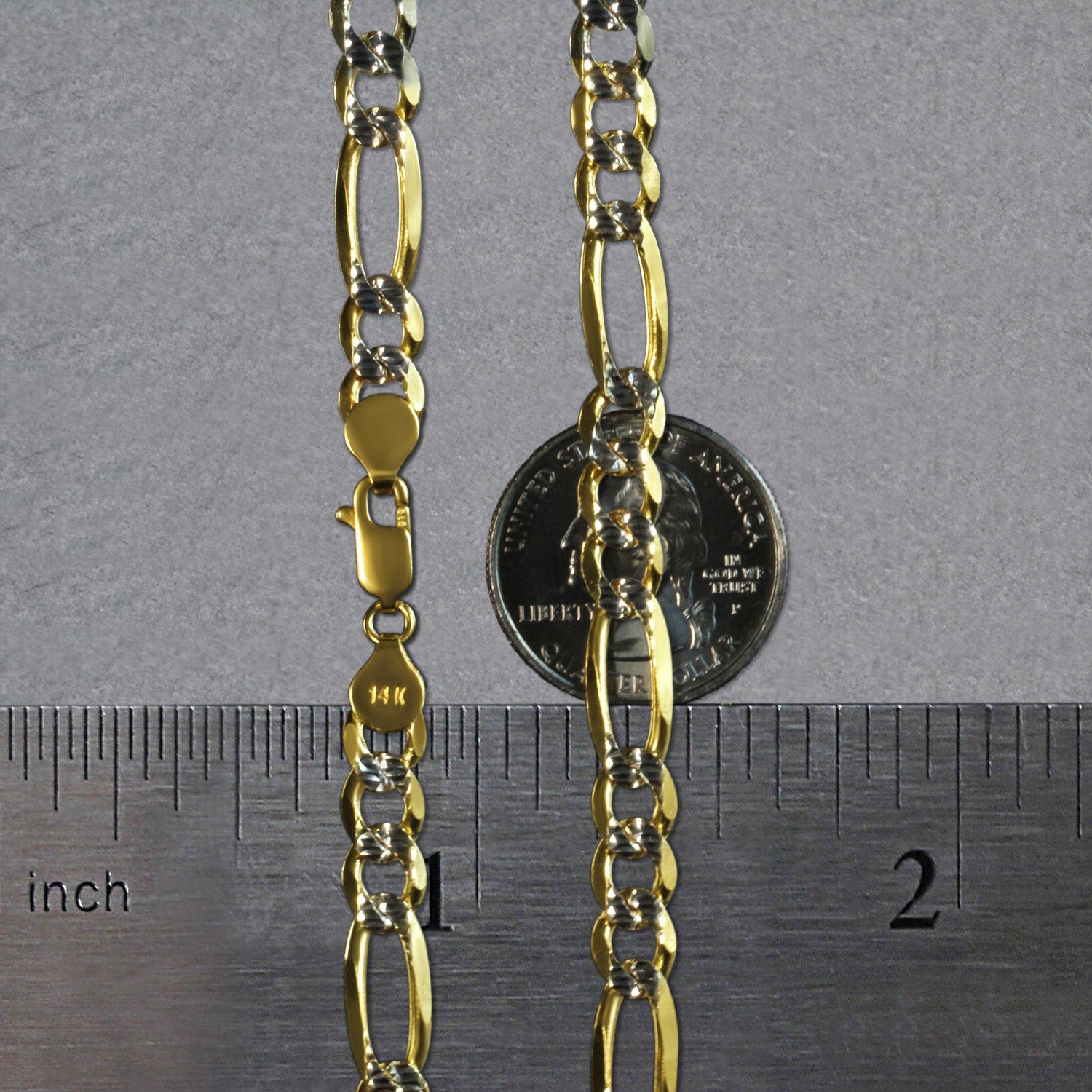 14k yellow gold solid pave Figaro chain, 7.00 mm links, contemporary design for elegant layering or standalone wear.