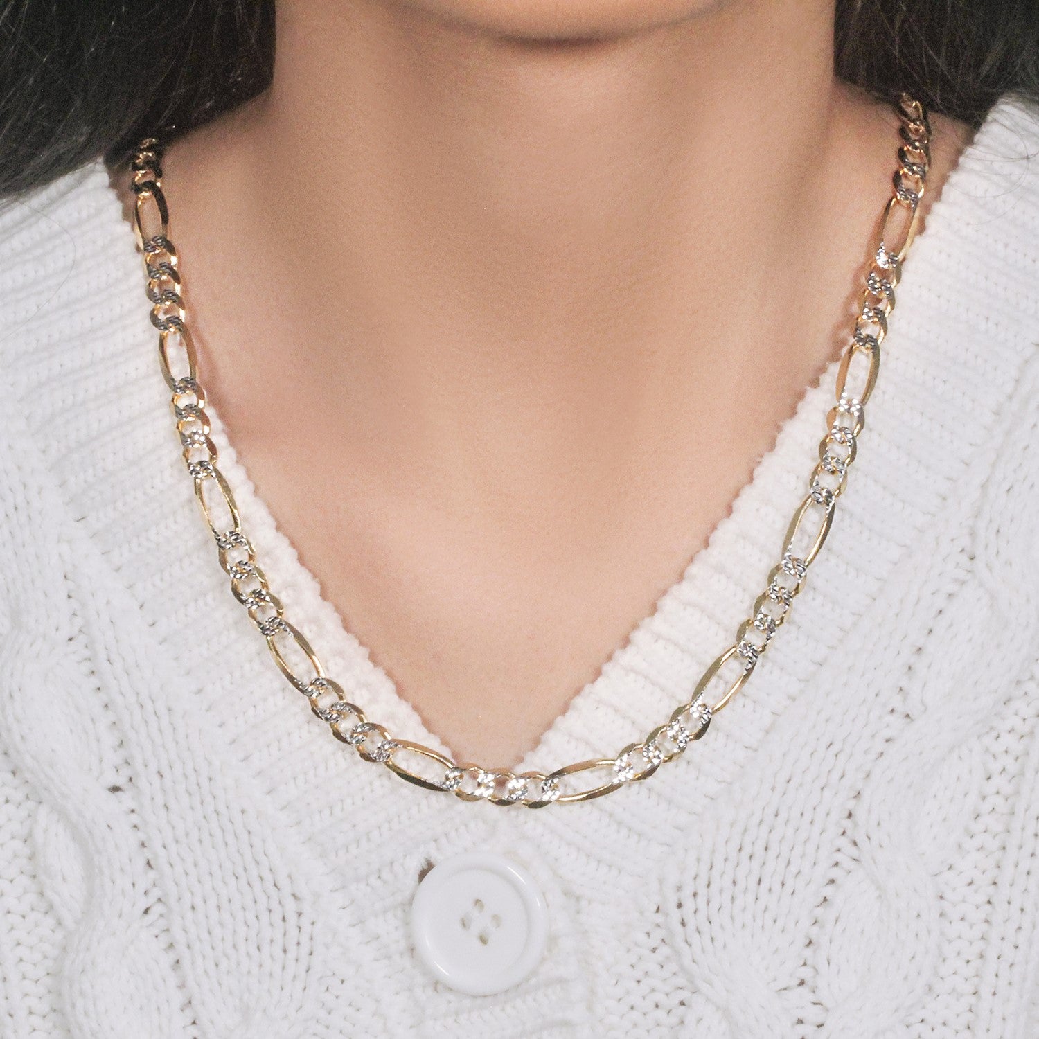 14k yellow gold solid pave Figaro chain, 7.00 mm links, contemporary design for a luxurious statement.
