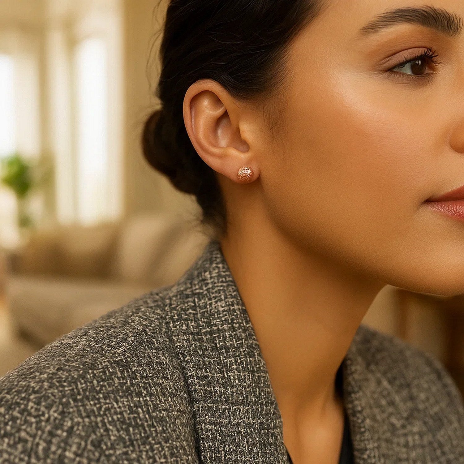Elegant 14k rose gold textured ball stud earrings, showcasing a refined design perfect for any occasion.