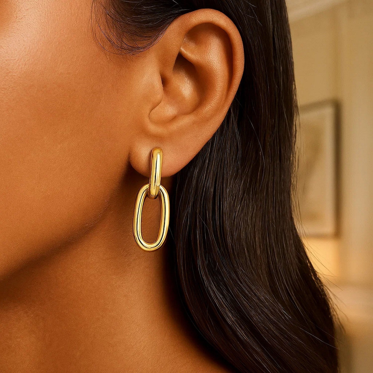 14k yellow gold modern link drop earrings showcasing elegant design and refined craftsmanship for luxury occasions.