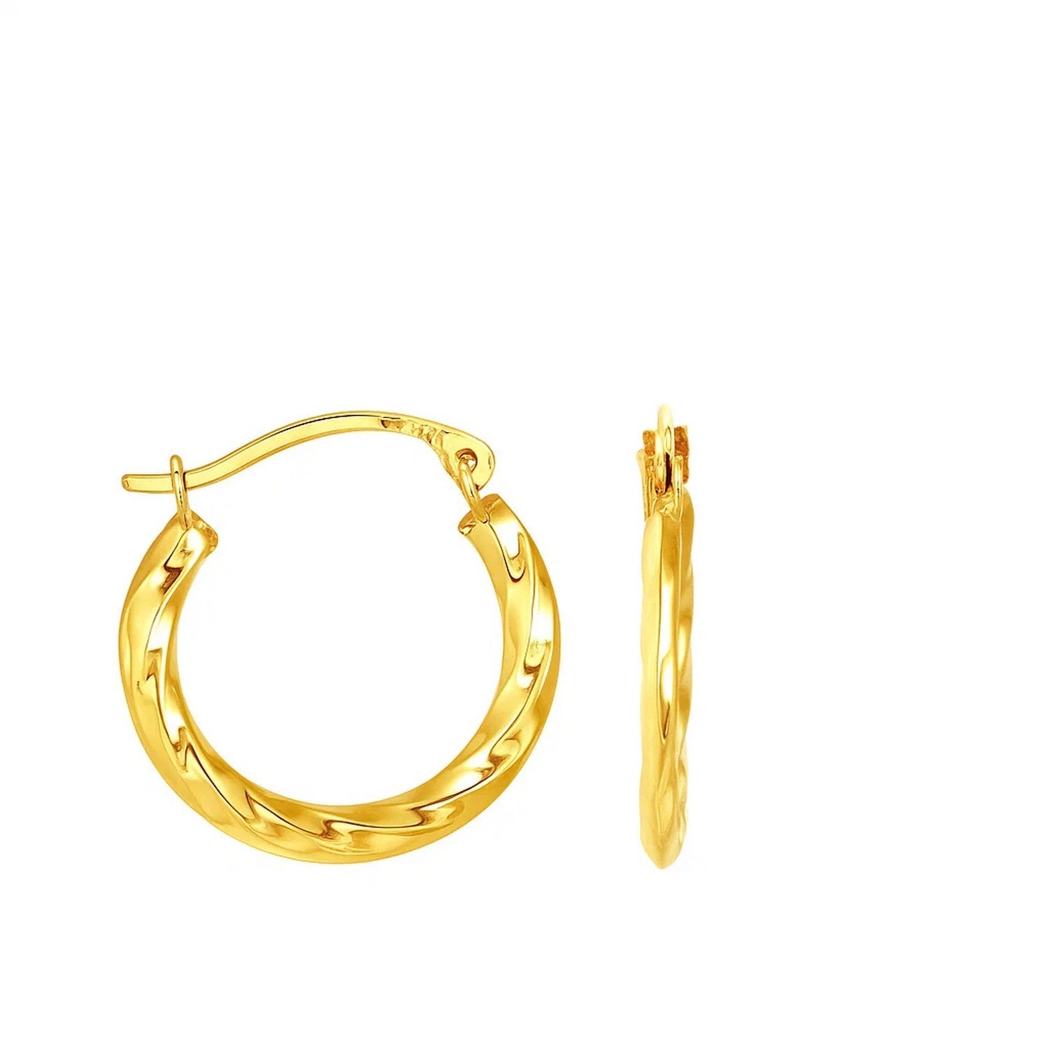 14k yellow gold textured polished hoop earrings, showcasing a classic design with a luxurious finish.