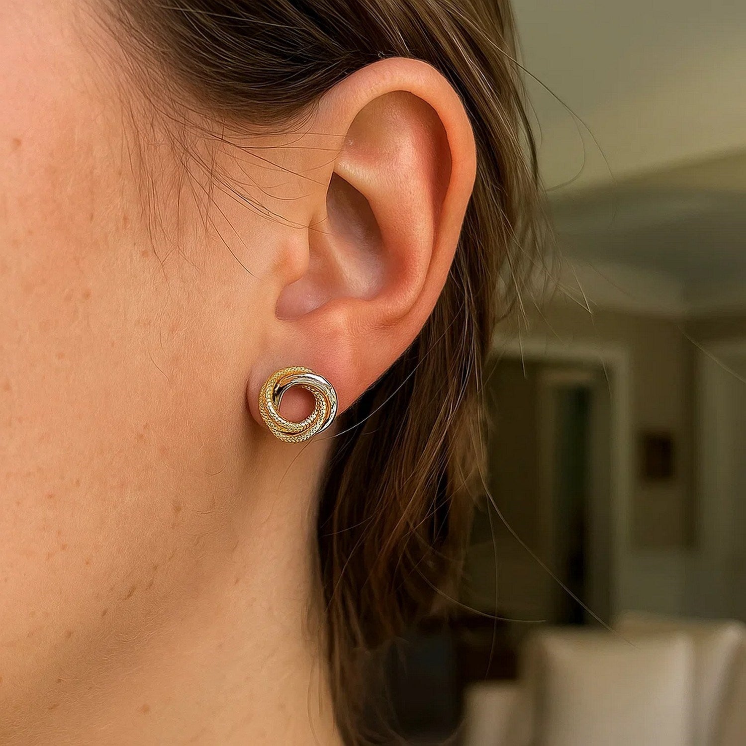 14k two-tone gold textured dangle earrings featuring elegant cushion cut design for a modern, luxurious look.