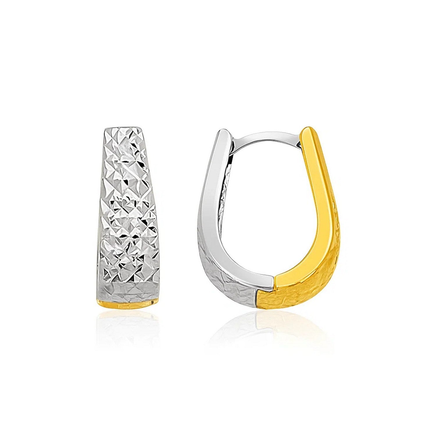 14k two-tone gold textured oval earrings featuring exquisite diamond cuts for a contemporary luxury look.