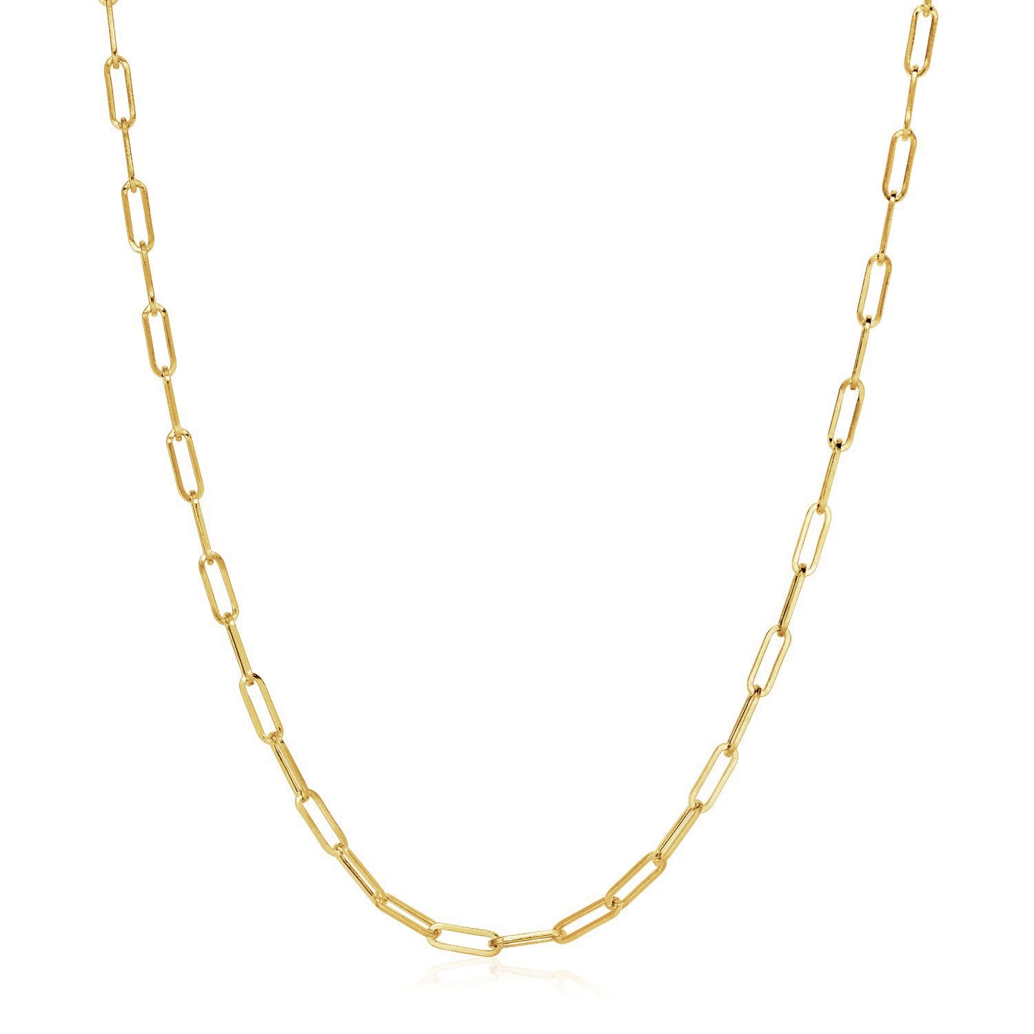 14K yellow gold wide paperclip chain, modern design with elegant links, perfect for layering or standalone wear.