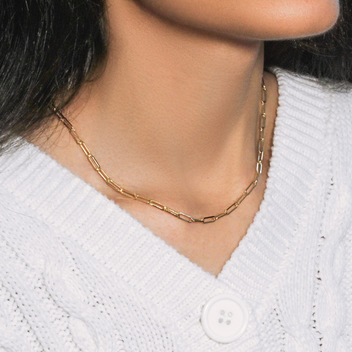 14K yellow gold wide paperclip chain, modern design with elegant links, perfect for layering or standalone wear.