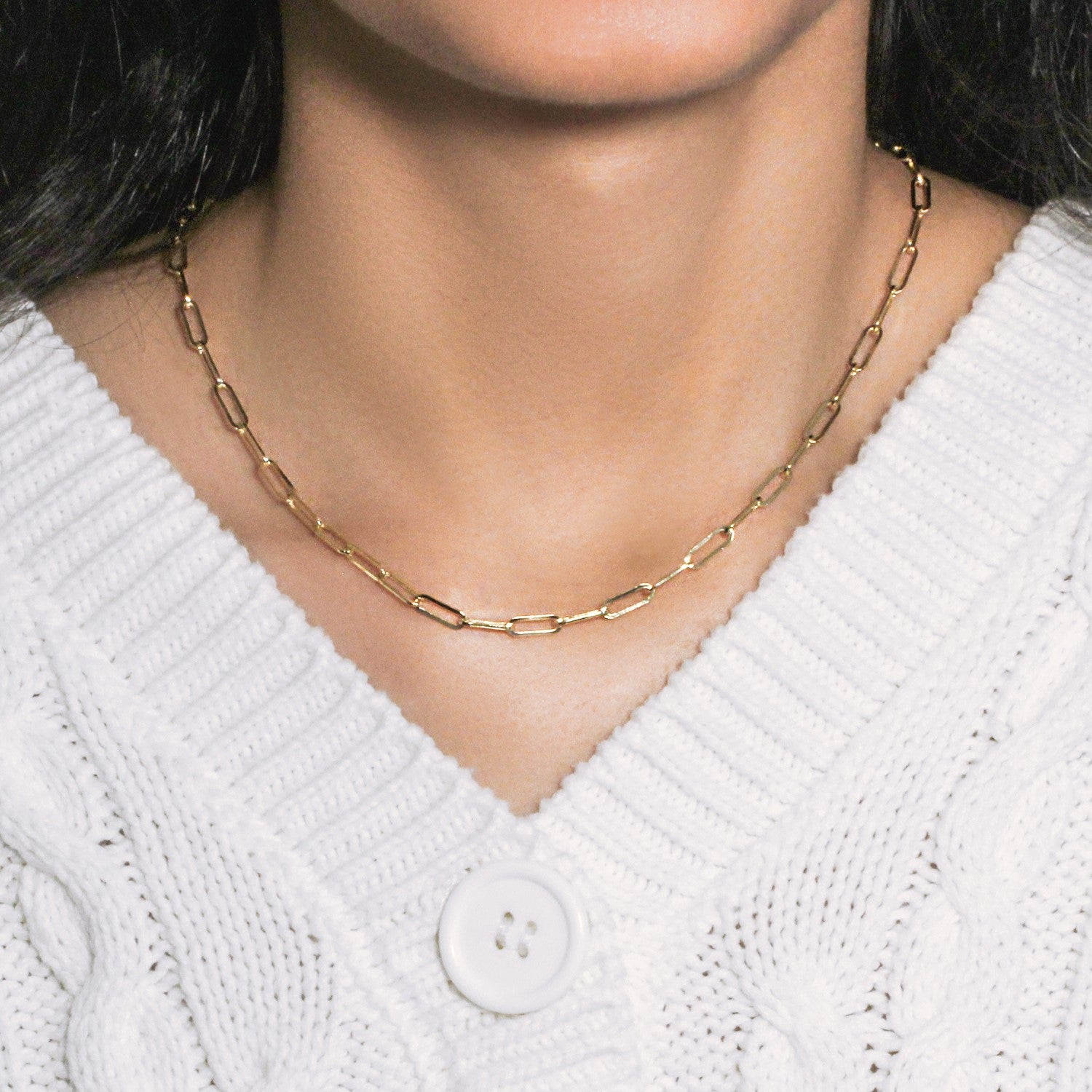 14k yellow gold wide paperclip chain, modern design with elegant links, perfect for layering or standalone wear.