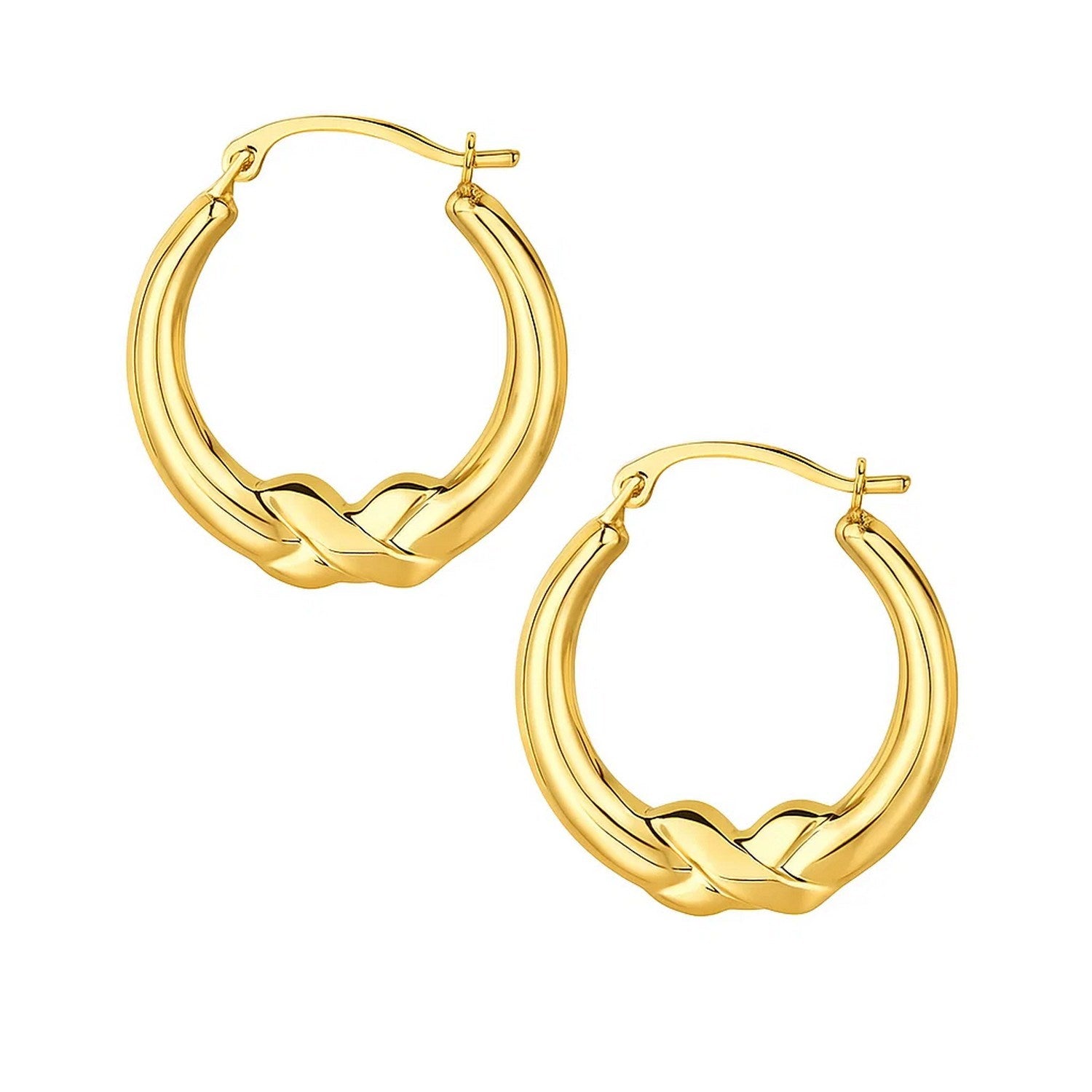 14k yellow gold modern round hoop earrings featuring a sleek X motif for a chic, sophisticated look.