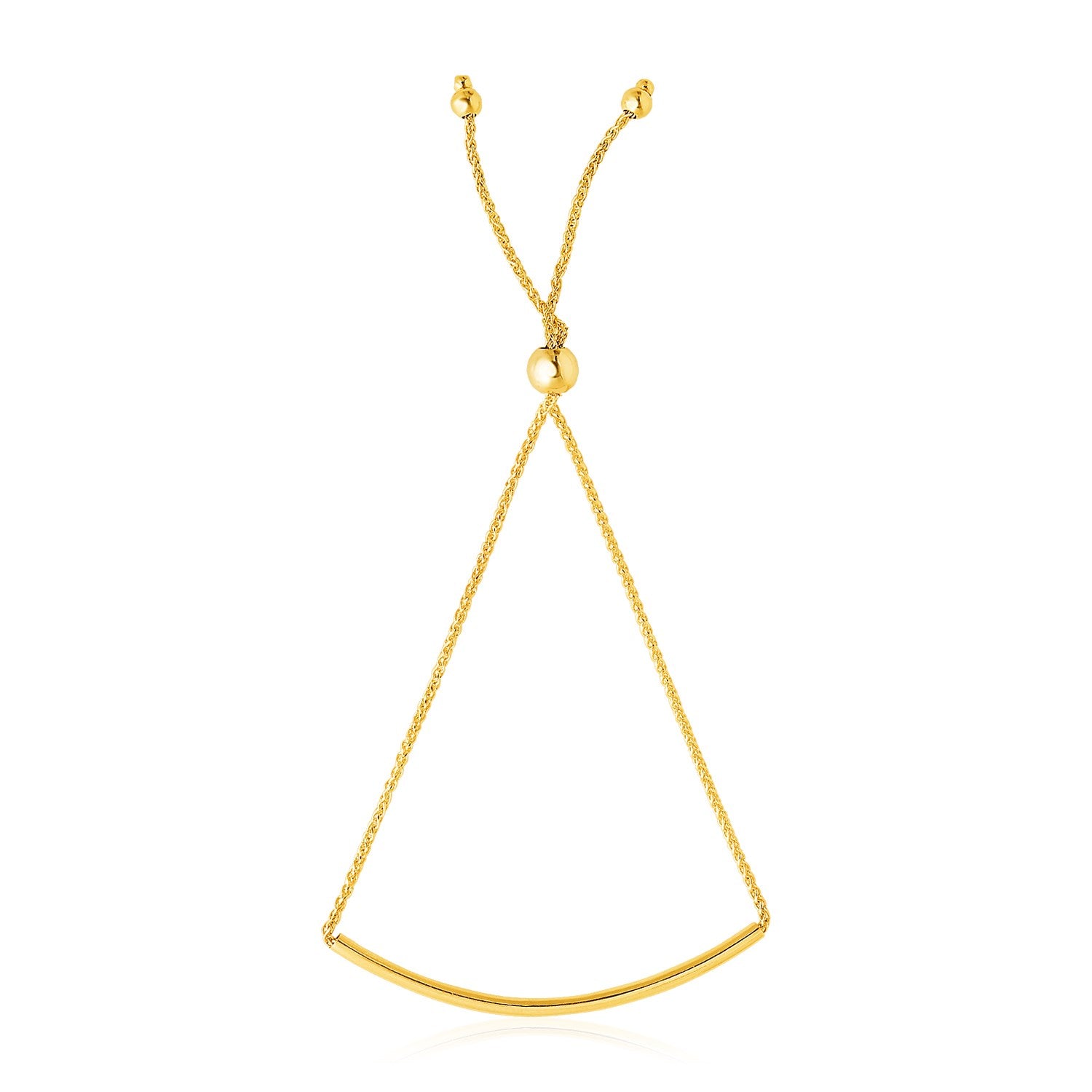 14k yellow gold smooth curved bar lariat bracelet with elegant chain design, perfect for modern luxury styling.