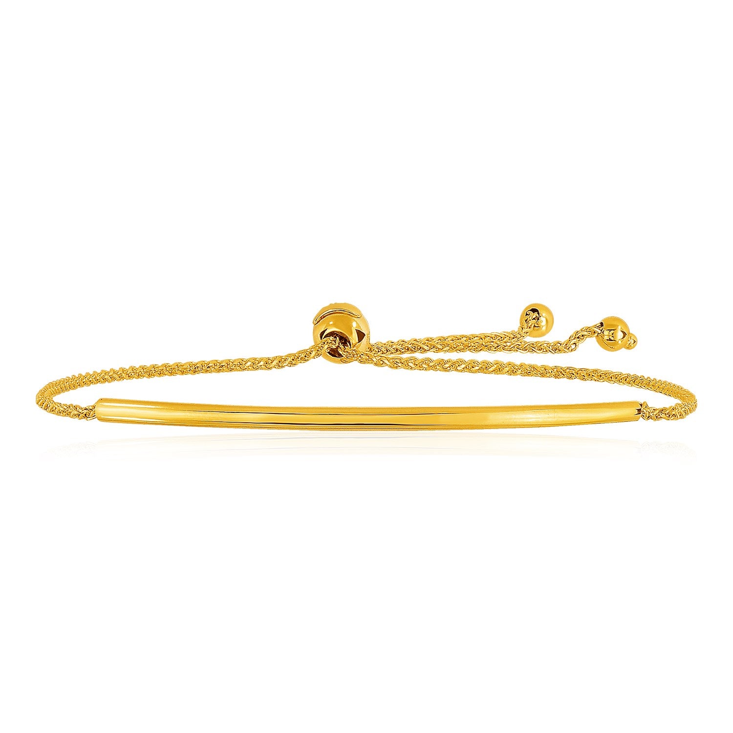 14k yellow gold smooth curved bar lariat bracelet featuring a modern design and elegant chain detail.