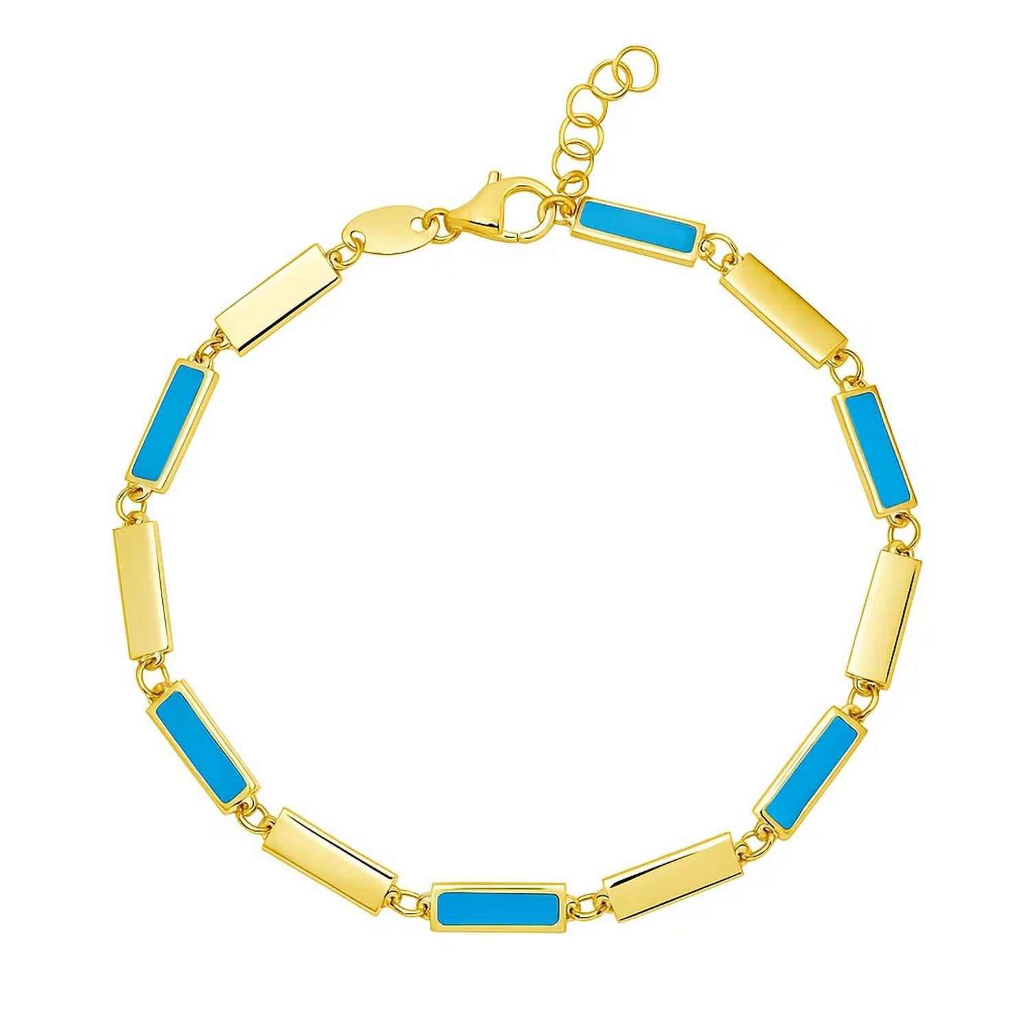 14k yellow gold bracelet featuring elegant turquoise rectangle links and sparkling diamond accents.