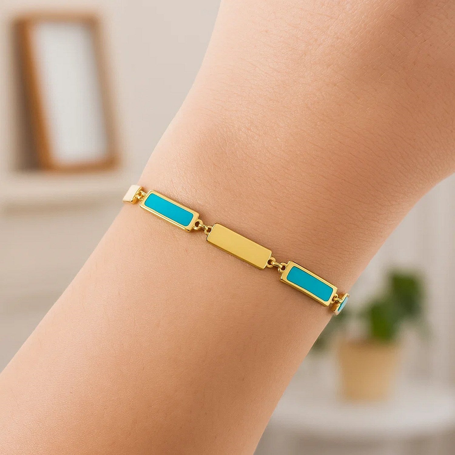 14k yellow gold bracelet featuring turquoise rectangle links and elegant diamond accents for a luxurious touch.
