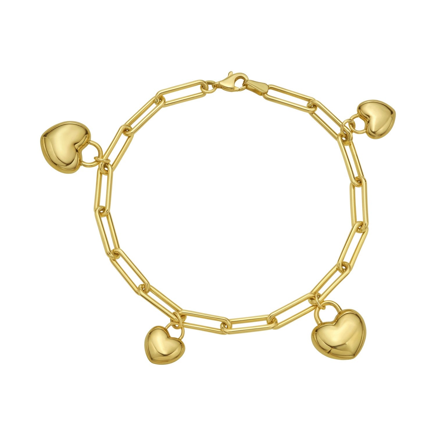 14k yellow gold puffed heart charm bracelet with elegant chain design, perfect for adding a touch of luxury to any outfit
