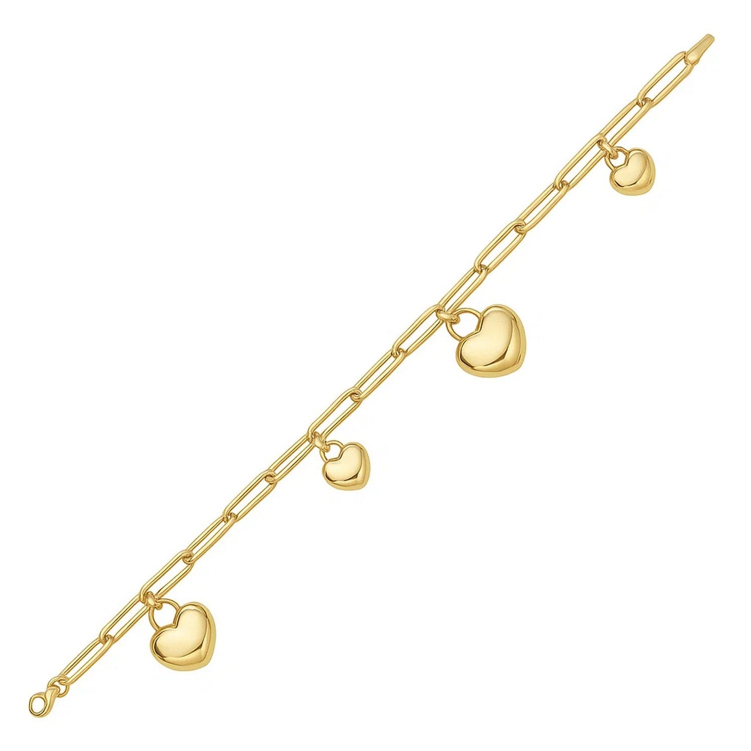 Elegant 14k yellow gold puffed heart charm bracelet with a delicate chain design, perfect for luxury jewelry lovers.