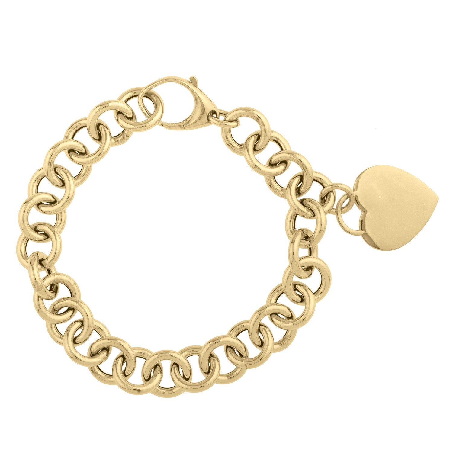 Elegant 14k yellow gold heart tag bracelet with rolo link design, showcasing timeless luxury and sophistication.