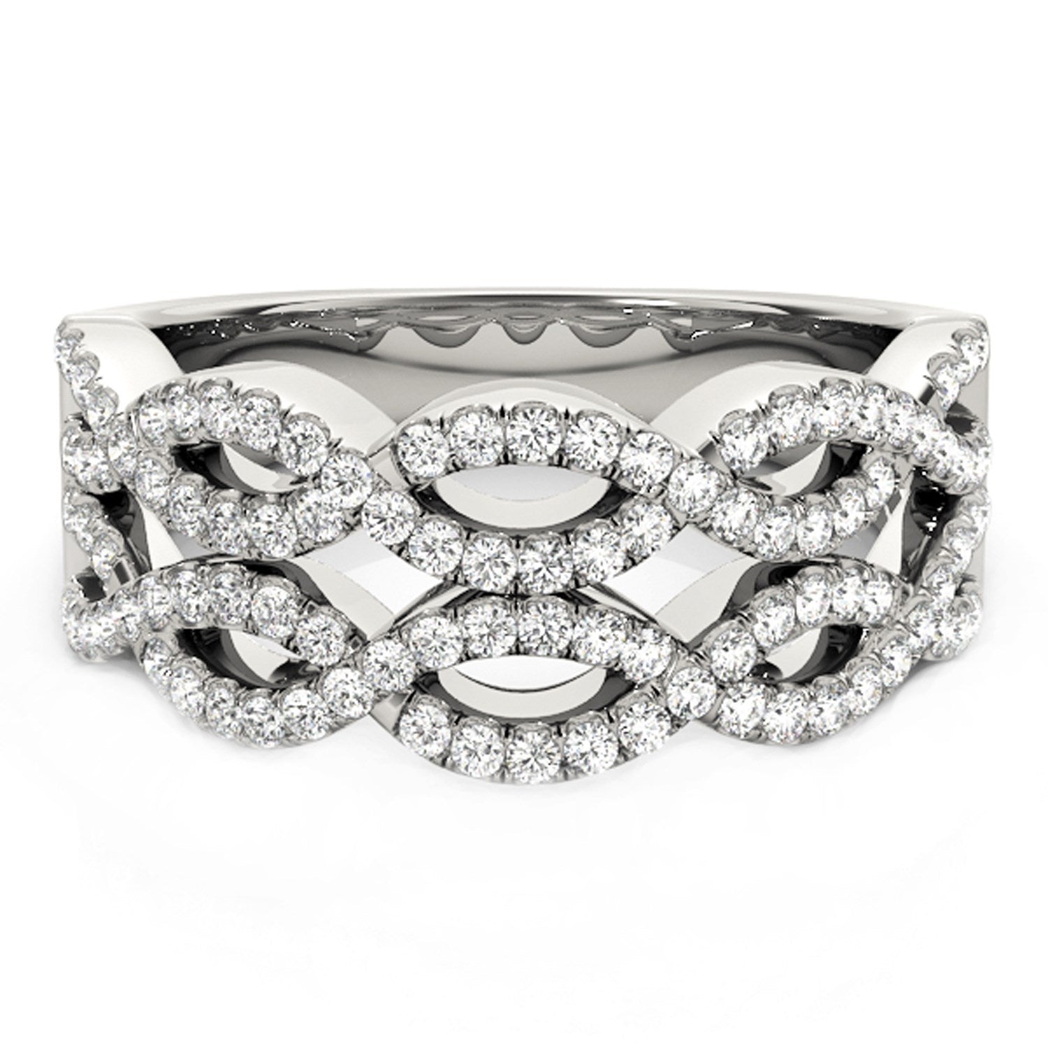 Diamond studded double interlocking waves ring in 14k white gold, modern design with 5/8 cttw brilliance.