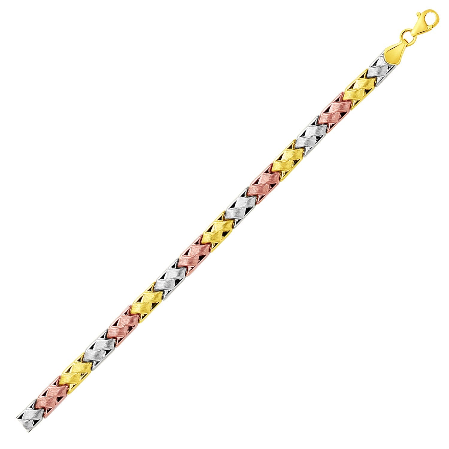 14k tri-color gold weave design bracelet, elegantly crafted for a luxurious touch, perfect for any occasion.