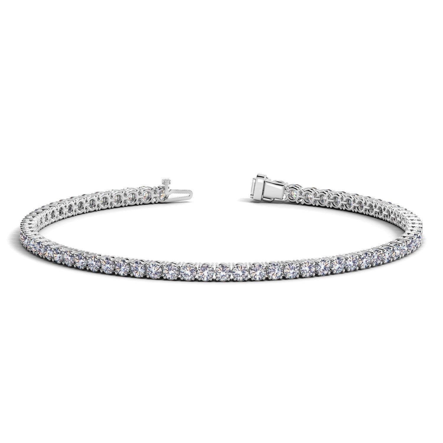 Lab grown round diamond tennis bracelet in 14k white gold, featuring elegant design and 3 cctw F/G VS2/SI1 diamonds.