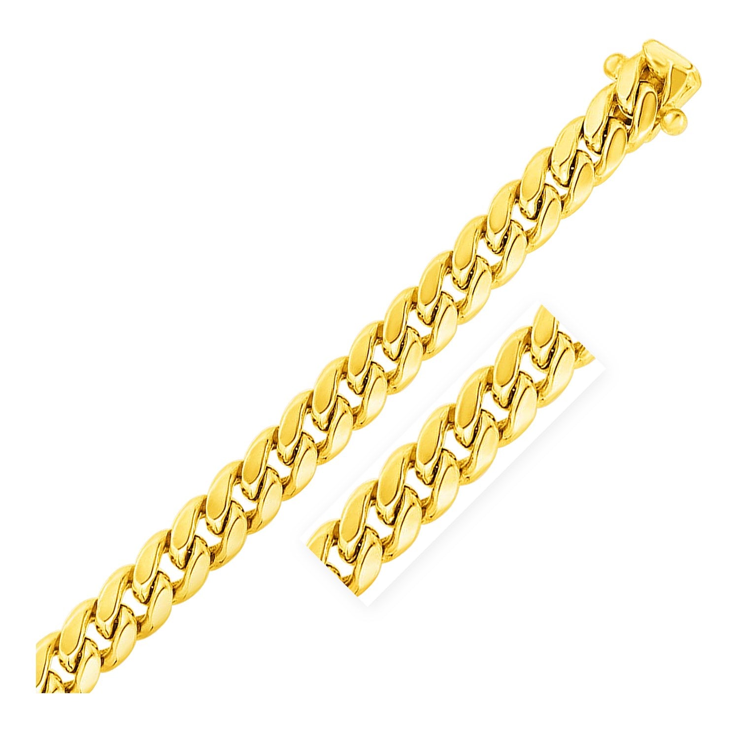 14k yellow gold semi solid Miami Cuban bracelet with modern link design, 11.10 mm width, perfect for luxury styling.