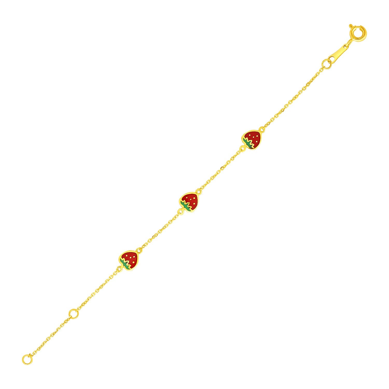 14k yellow gold children's bracelet featuring charming enameled strawberries on an elegant chain design.