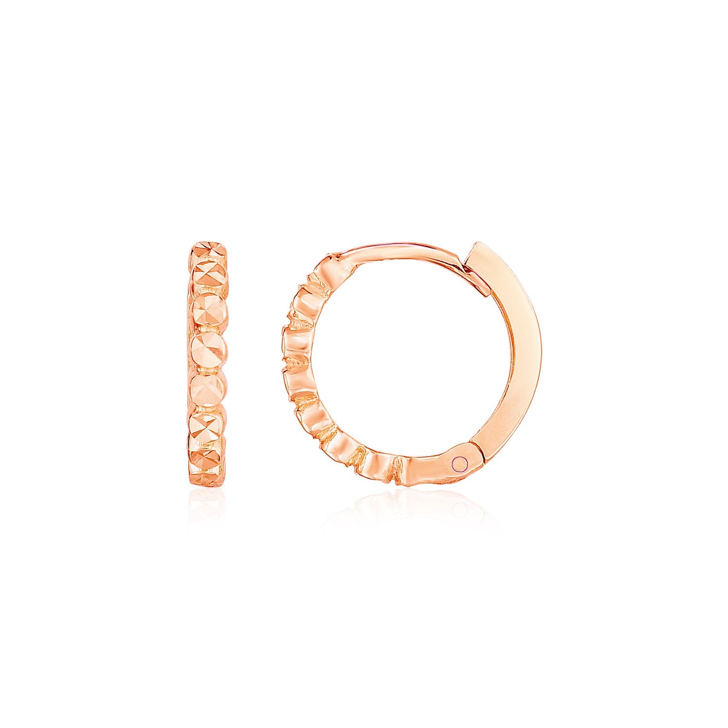 14k rose gold textured round hoop earrings, showcasing modern elegance and refined craftsmanship for luxury appeal.
