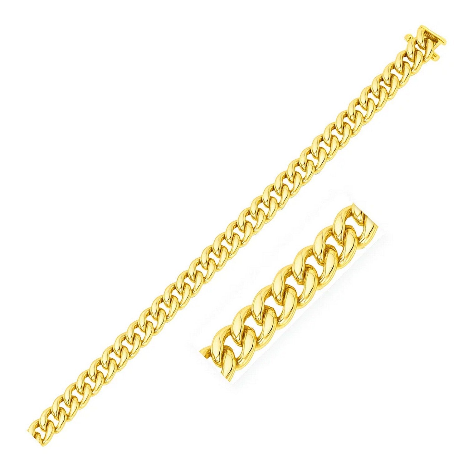 14k yellow gold Miami Cuban bracelet with solid links, showcasing modern elegance and timeless luxury.