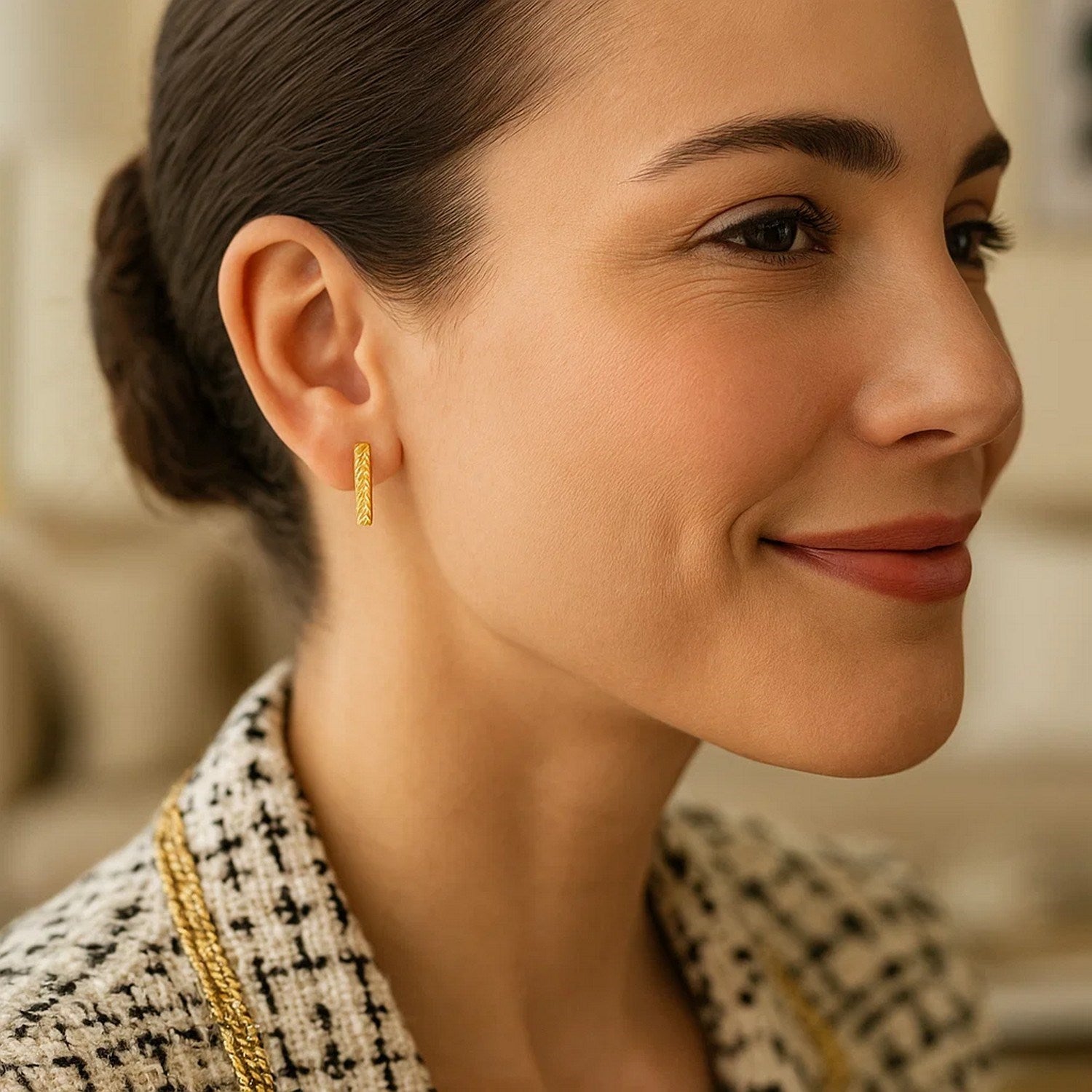 14k yellow gold textured bar drop earrings showcasing modern elegance and refined craftsmanship.