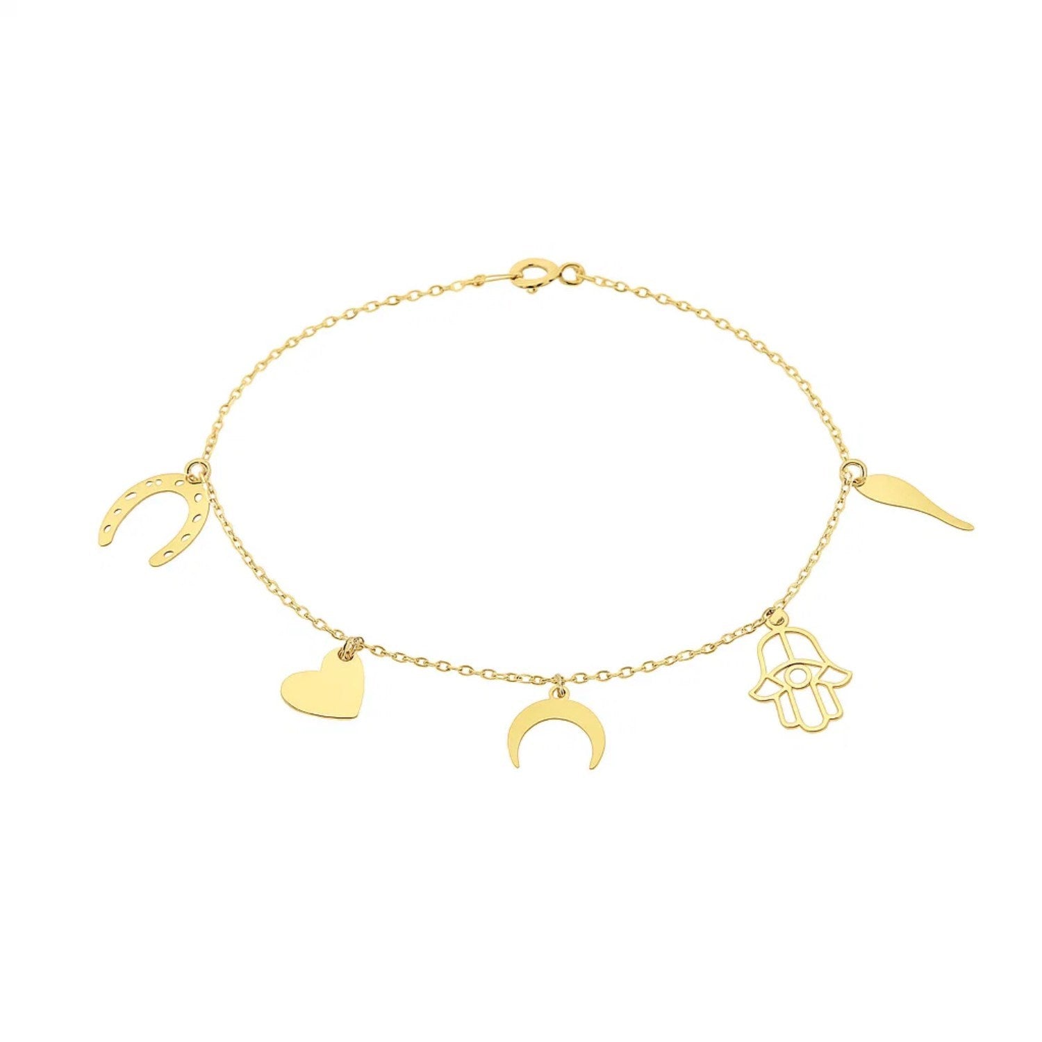 14k yellow gold 7-inch bracelet featuring polished charms in a modern chain design, perfect for elegant layering.