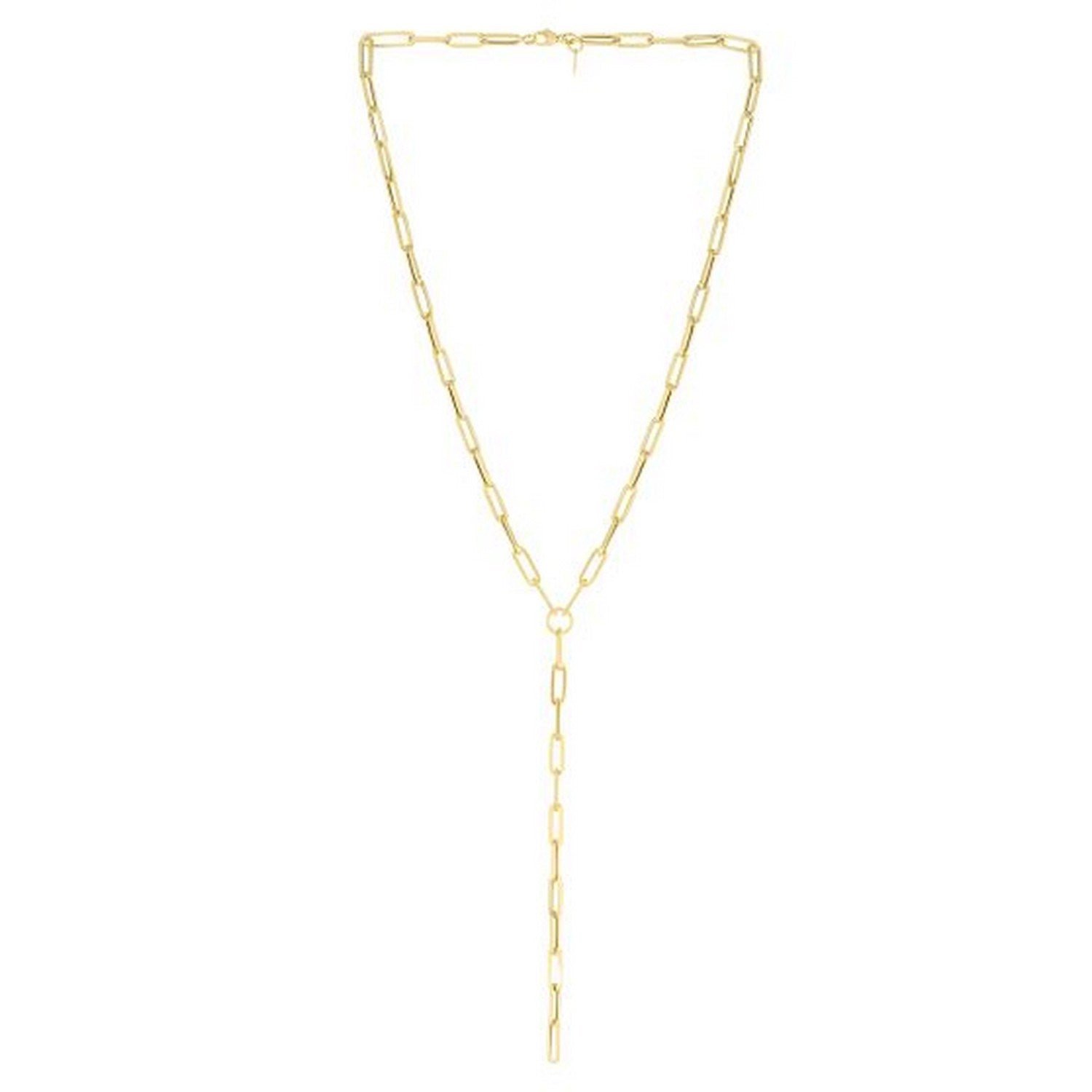 14k yellow gold modern paperclip chain lariat necklace with elegant link design, perfect for layering or standalone wear.