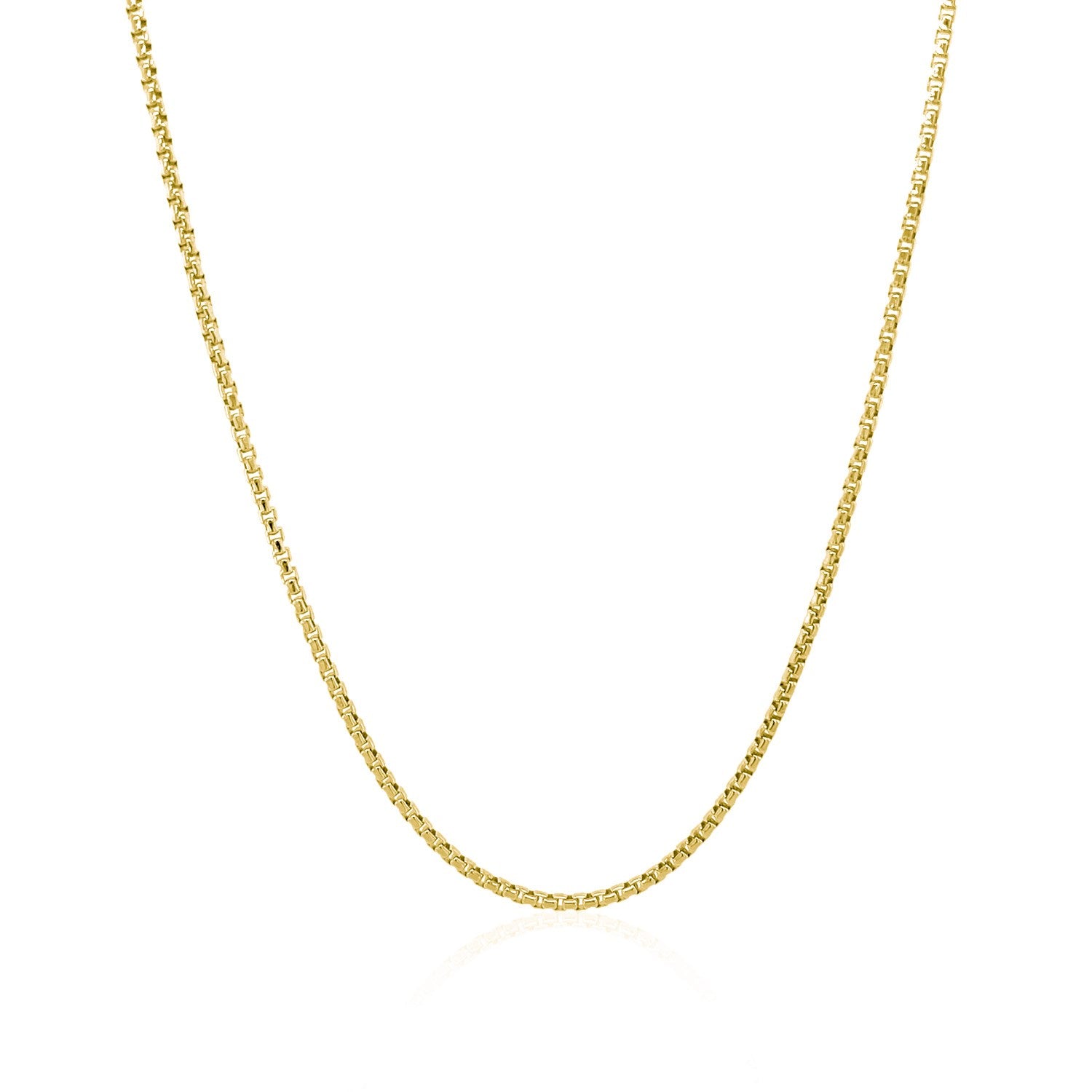 14k yellow gold round box chain, 1.3 mm, classic design with a smooth finish, perfect for layering or standalone elegance.