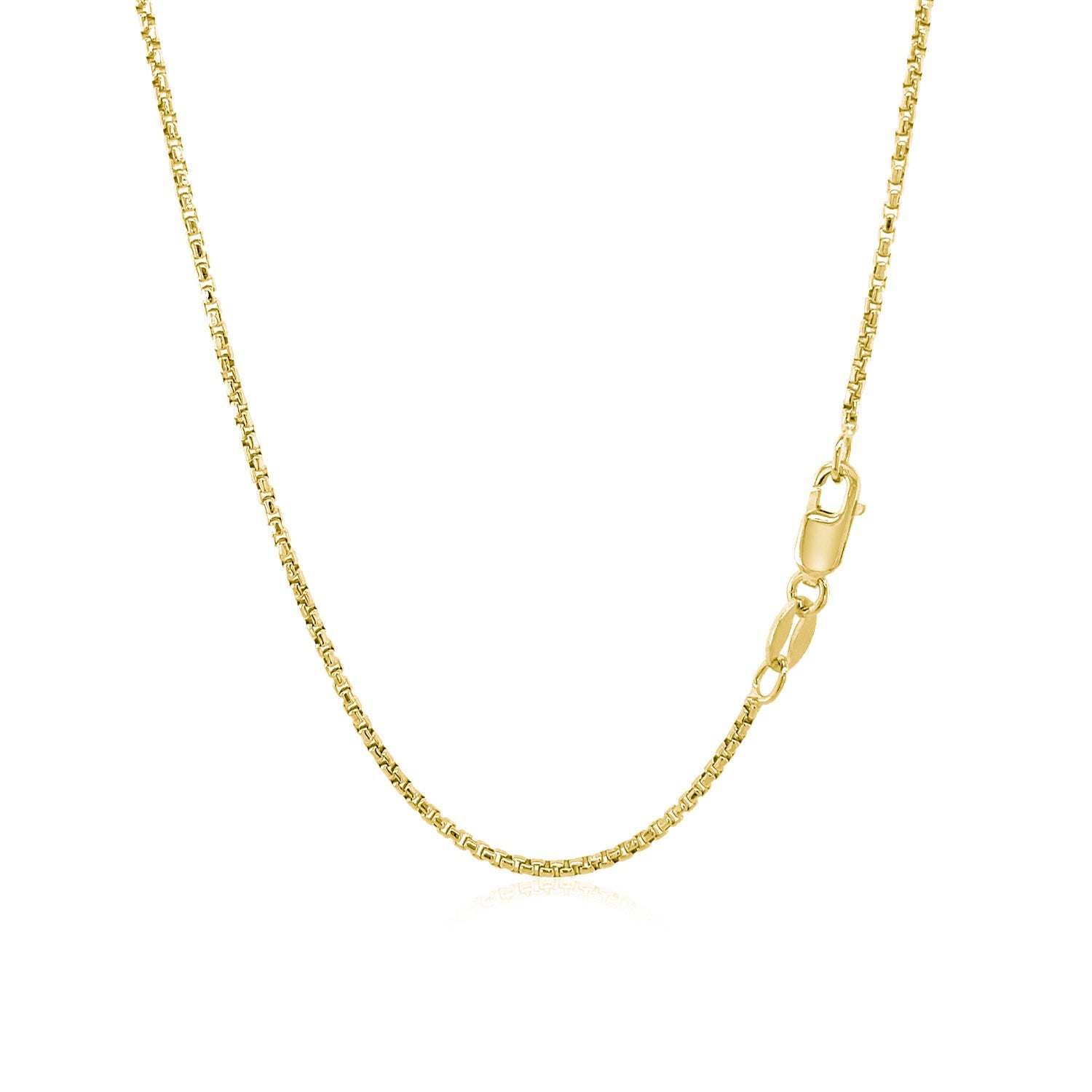 14k yellow gold round box chain, 1.3 mm, classic design with a polished finish, perfect for layering or standalone elegance.