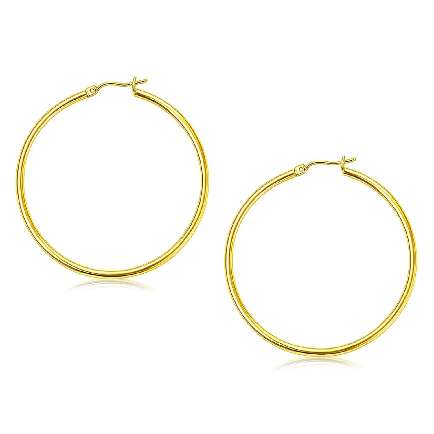 14k yellow gold polished hoop earrings, modern design, featuring a sleek stud closure, perfect for elegant occasions.